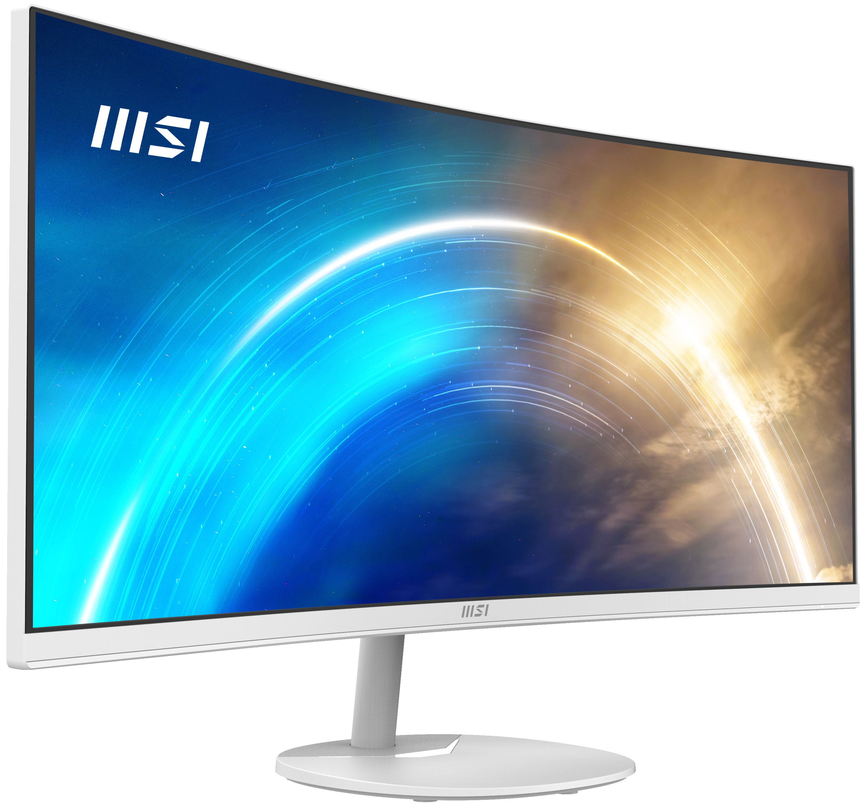 Weißer, gebogener Computermonitor mit farbenfroher Anzeige, weißem Ständer und weißem Hintergrund.