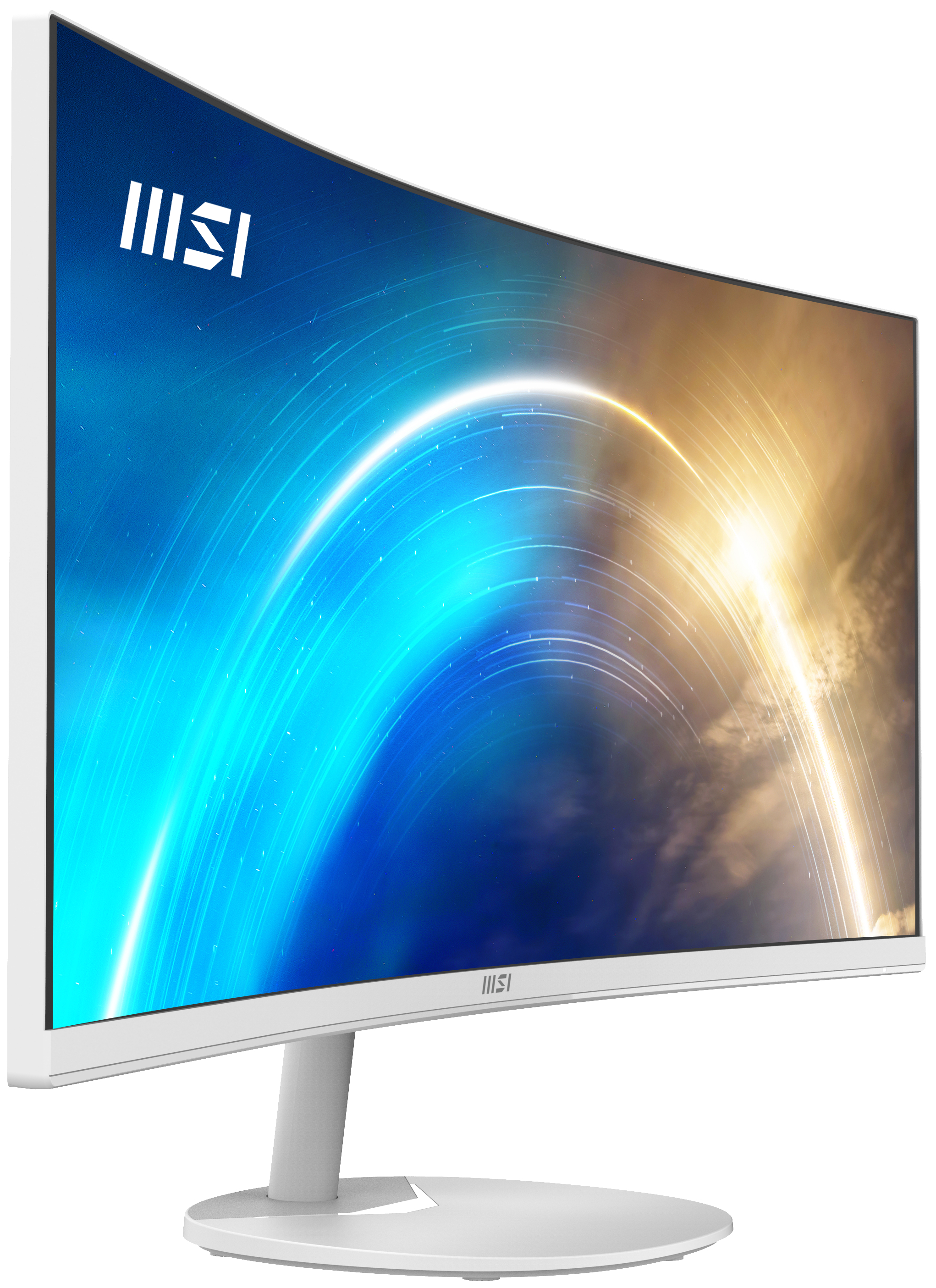 Ein weißer MSI-Curved-Monitor mit Ständer, der einen farbenfrohen, abstrakten Hintergrund anzeigt.