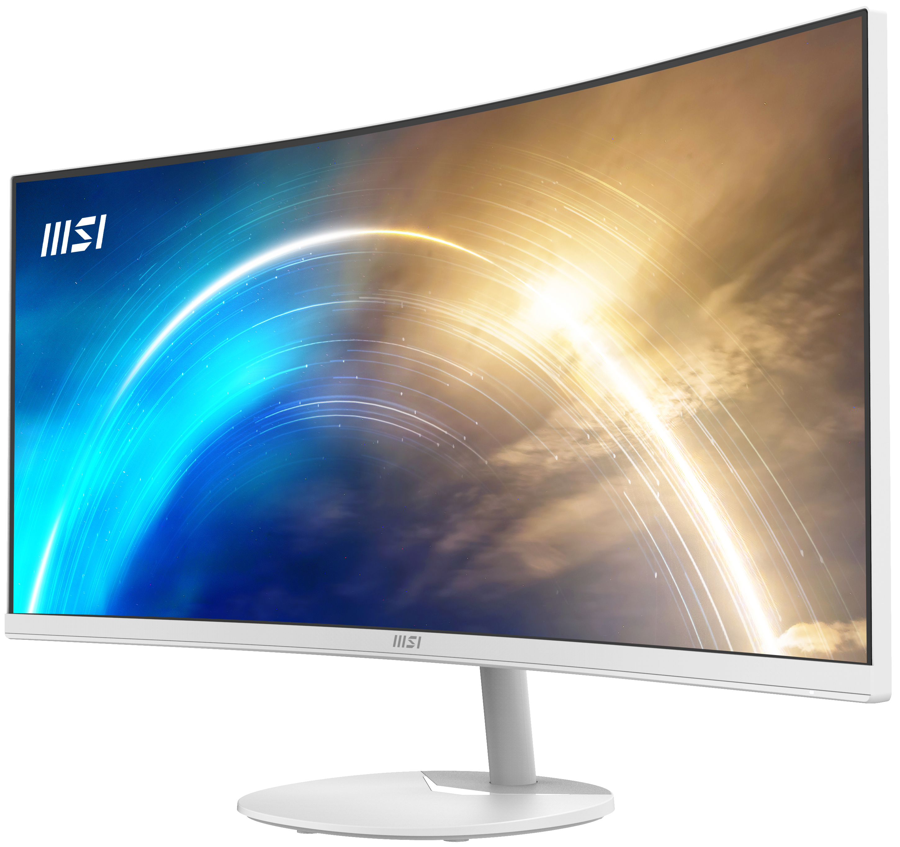 Gebogener weißer Computermonitor. Der Bildschirm zeigt ein blaues und oranges abstraktes Design.