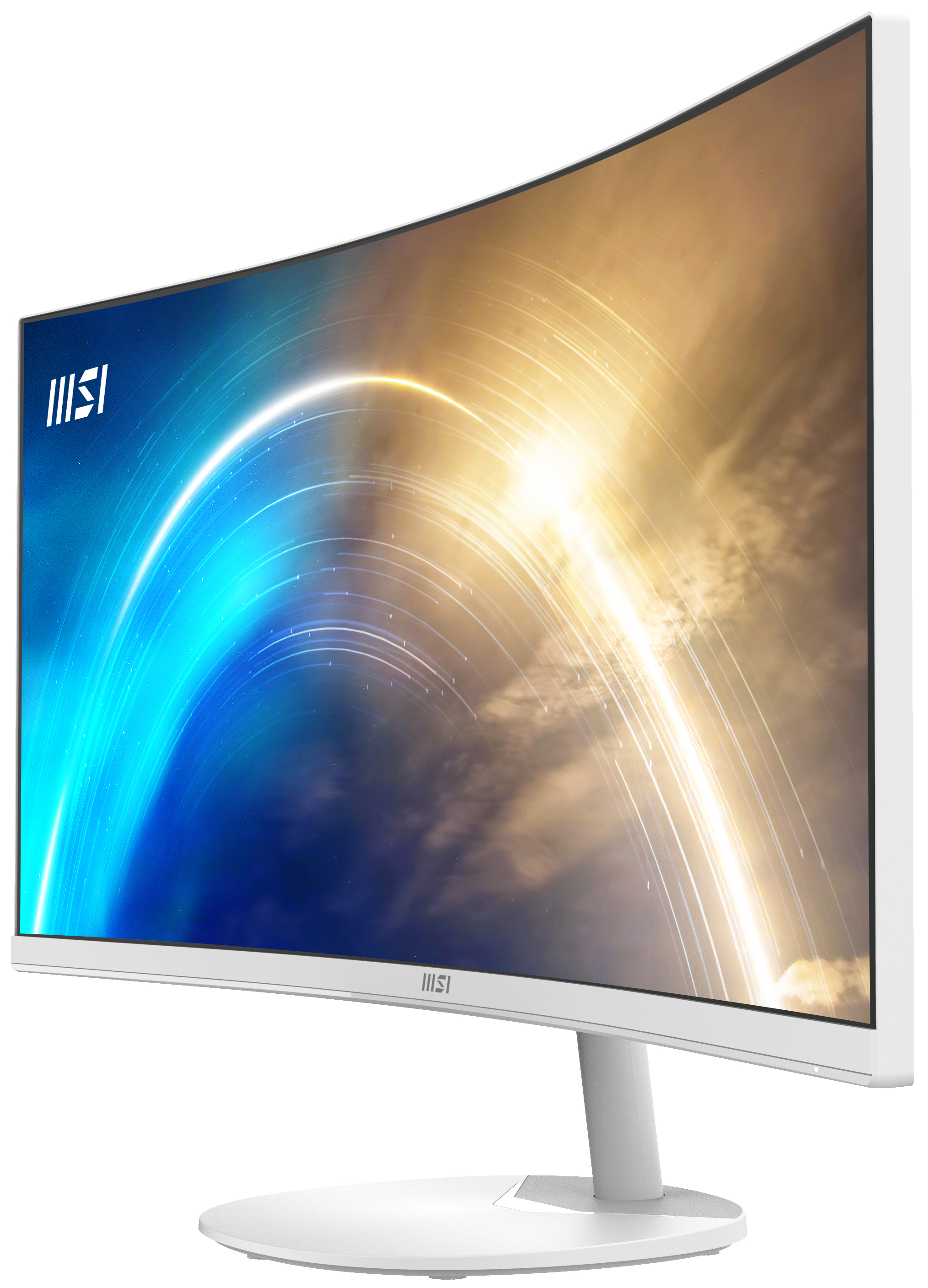 Gebogener weißer Computermonitor. Anzeige zeigt blaues und goldenes abstraktes Design. Weißer Ständer.