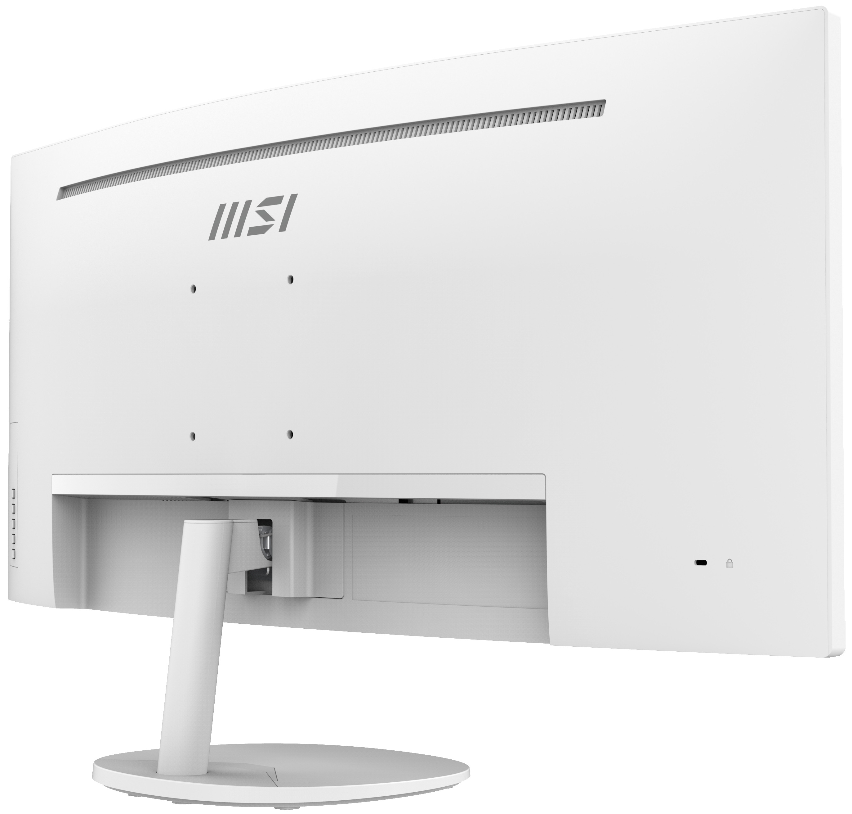 Ein weißer, gebogener Computermonitor mit MSI-Logo, Anschlüssen und Ständer sichtbar.