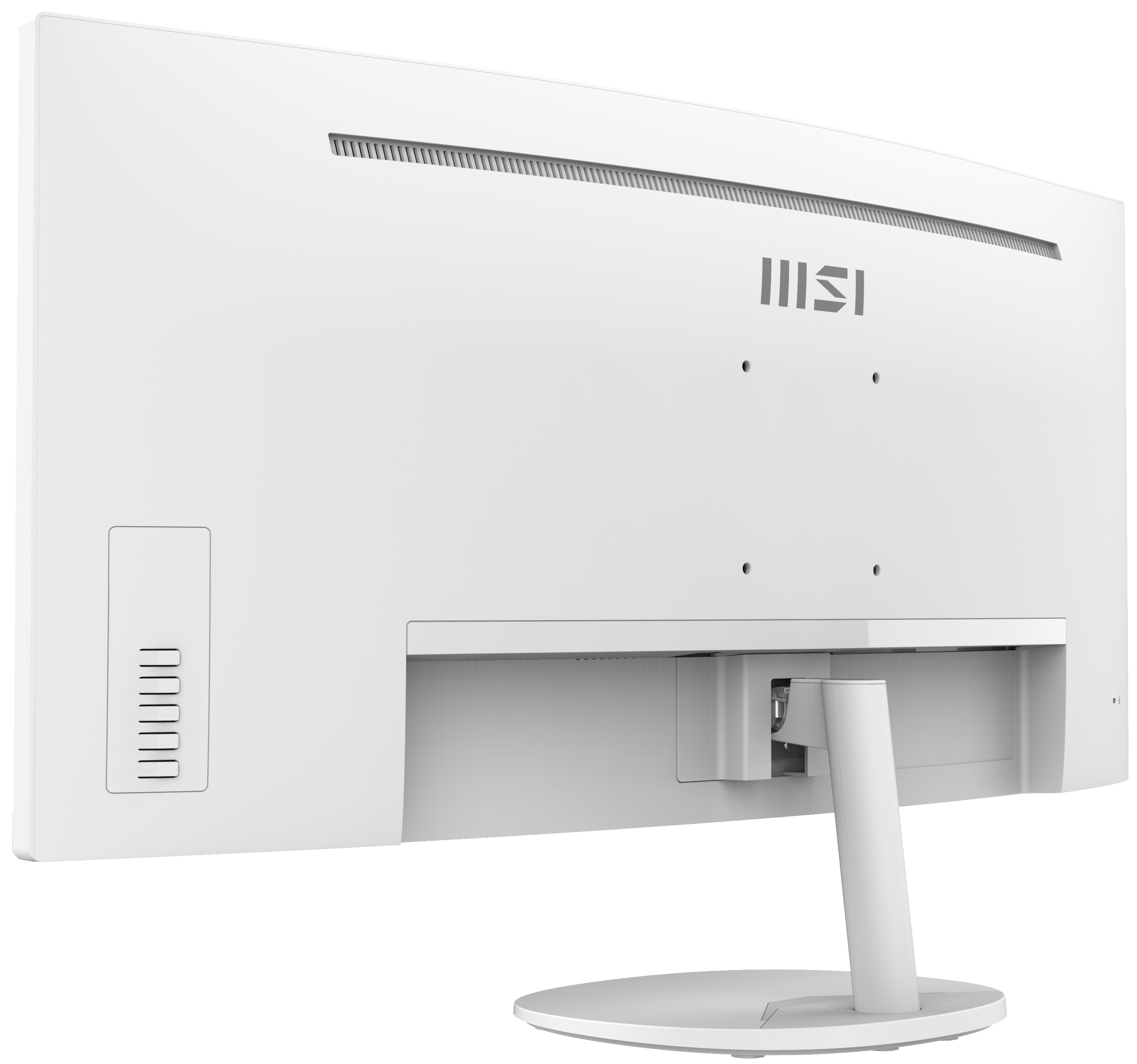 Ein weißer Computermonitor mit weißem Ständer, die Rückansicht vor weißem Hintergrund.