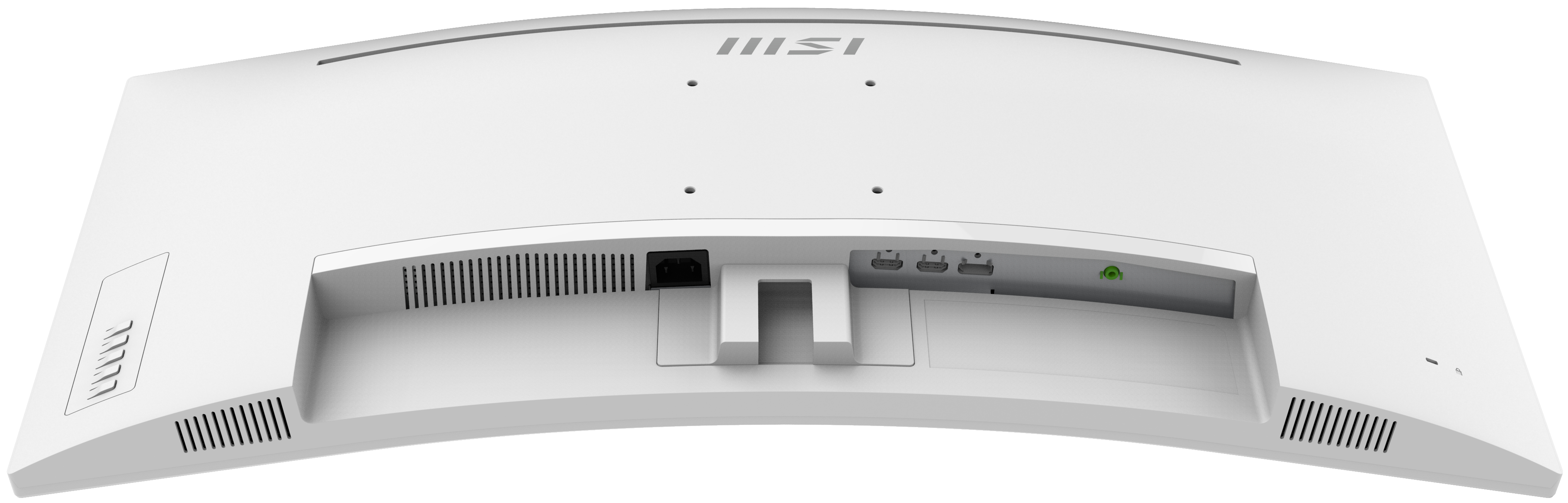 Weißer, gewölbter Computermonitor, Rückansicht, mit Strom- und anderen Anschlussports.