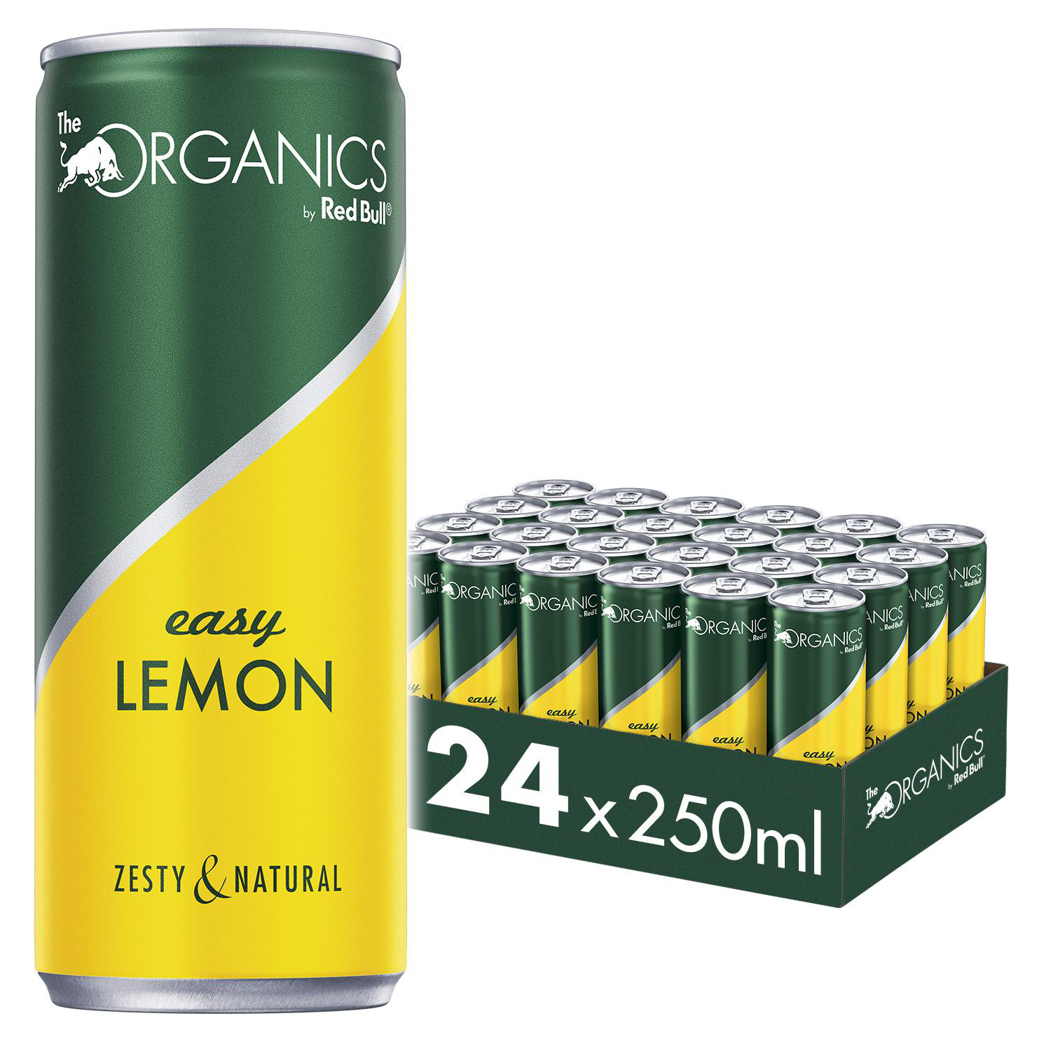 Eine Dose 'The Organics by Red Bull' Easy Lemon-Getränk und ein 24er-Pack desselben Getränks.