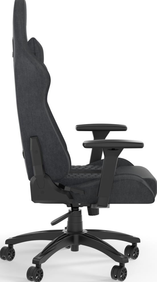 Sedia da gaming, vista laterale. Colore nero con schienale alto, braccioli e base con ruote. Sfondo scuro.