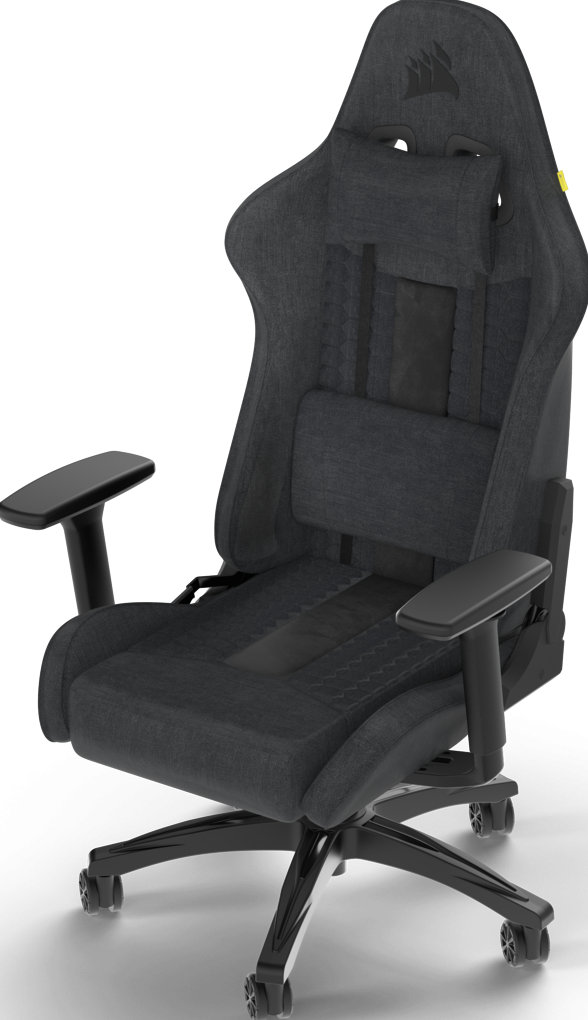 Una sedia da gioco grigio scuro con poggiatesta e braccioli. La sedia ha una base nera con ruote.