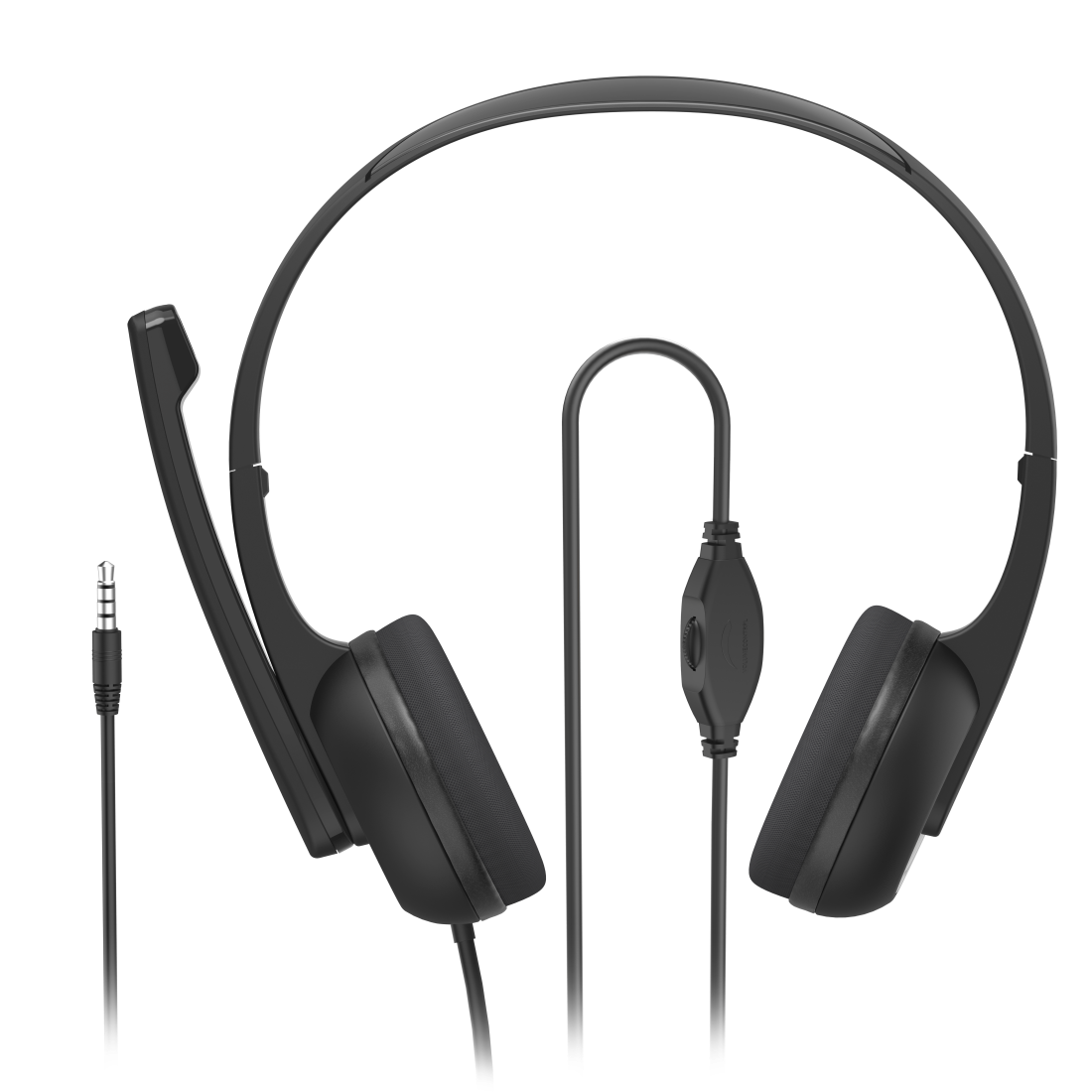 Auriculares negros con micrófono y conector de 3,5 mm.