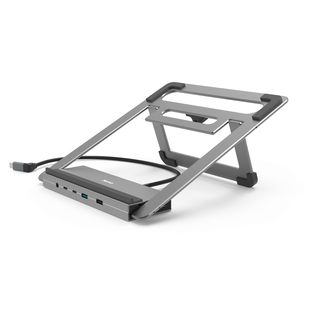 Soporte plateado para portátil con un concentrador USB, sobre fondo blanco.