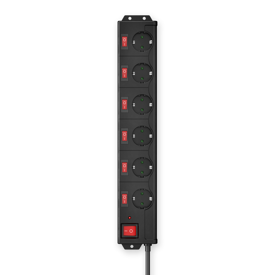 Una regleta negra con seis enchufes, cada uno con un interruptor de encendido/apagado rojo iluminado.
