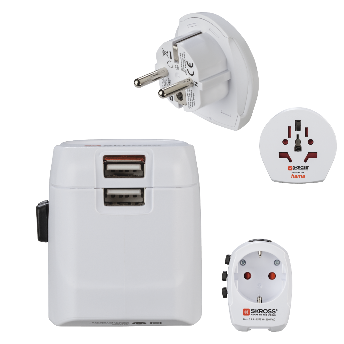 Adaptadores de viaje blancos. Se muestran tres adaptadores, mostrando diferentes tipos de enchufe y toma de corriente.