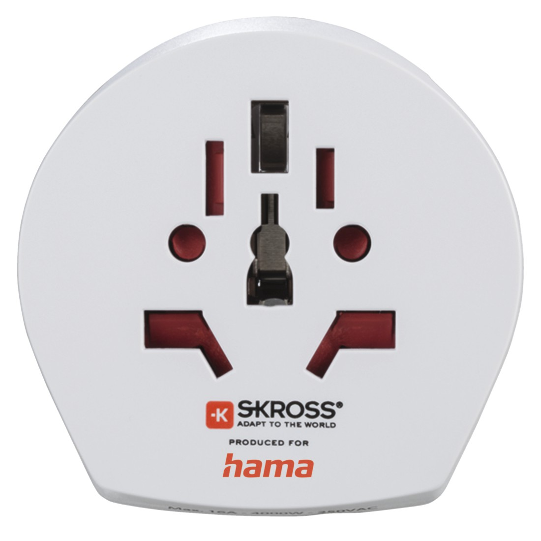 Adaptador de viaje blanco con ranuras y clavijas rojas. 'SKROSS' y 'hama'.