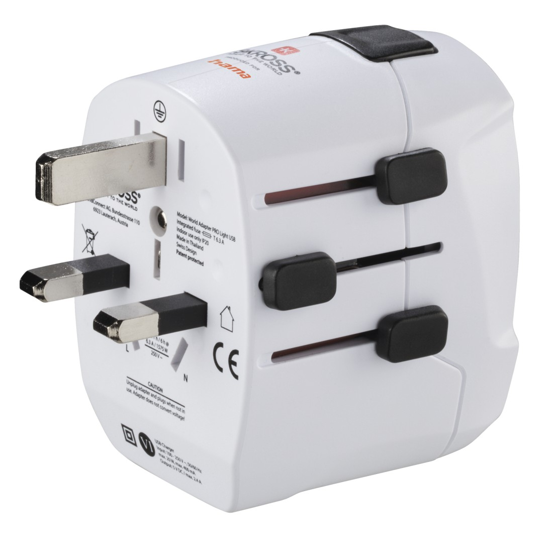 Un adaptador de viaje blanco con múltiples enchufes y un botón de encendido negro.
