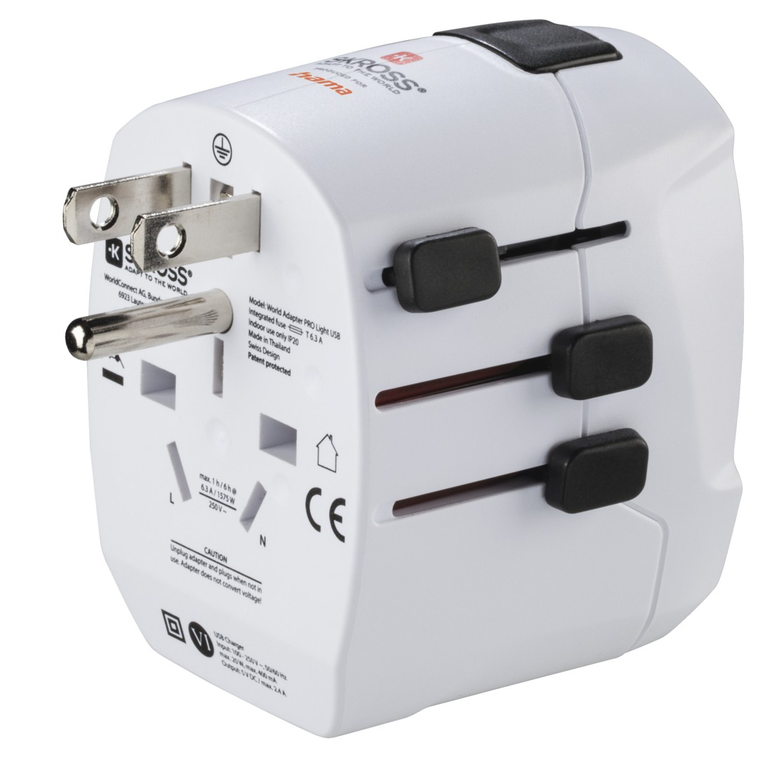 Adaptador mundial blanco y negro con enchufes ajustables. Tiene múltiples puertos y botones negros para cambiar el enchufe.