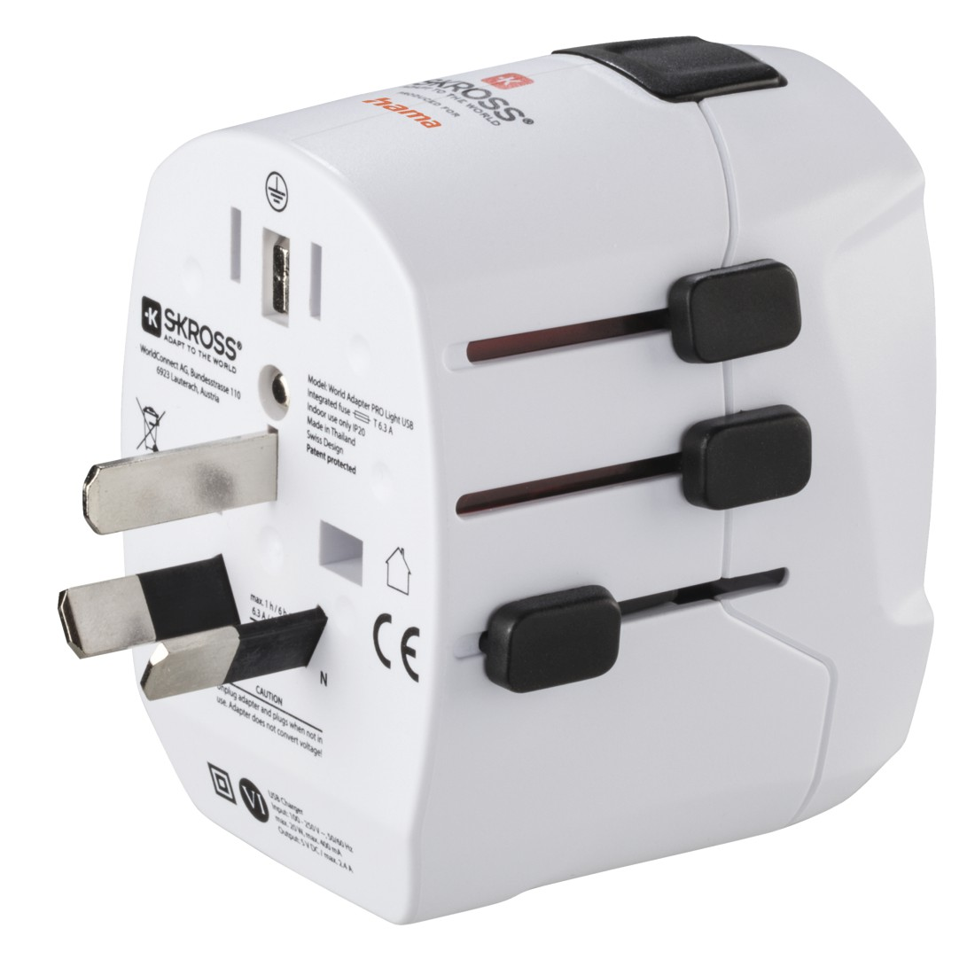 Adaptador de viaje blanco con múltiples configuraciones de enchufe e interruptores negros.