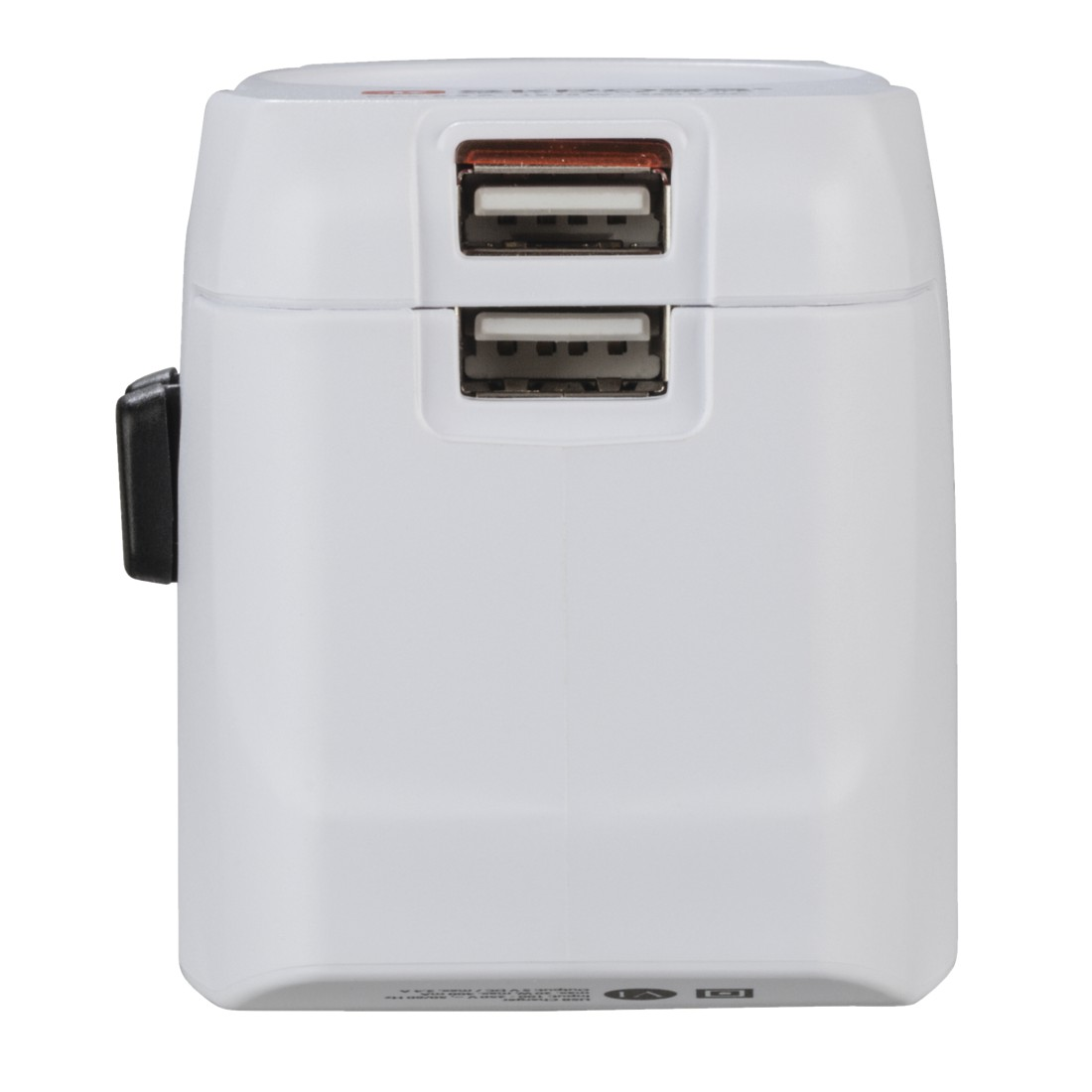 Un adaptador blanco con dos puertos USB.