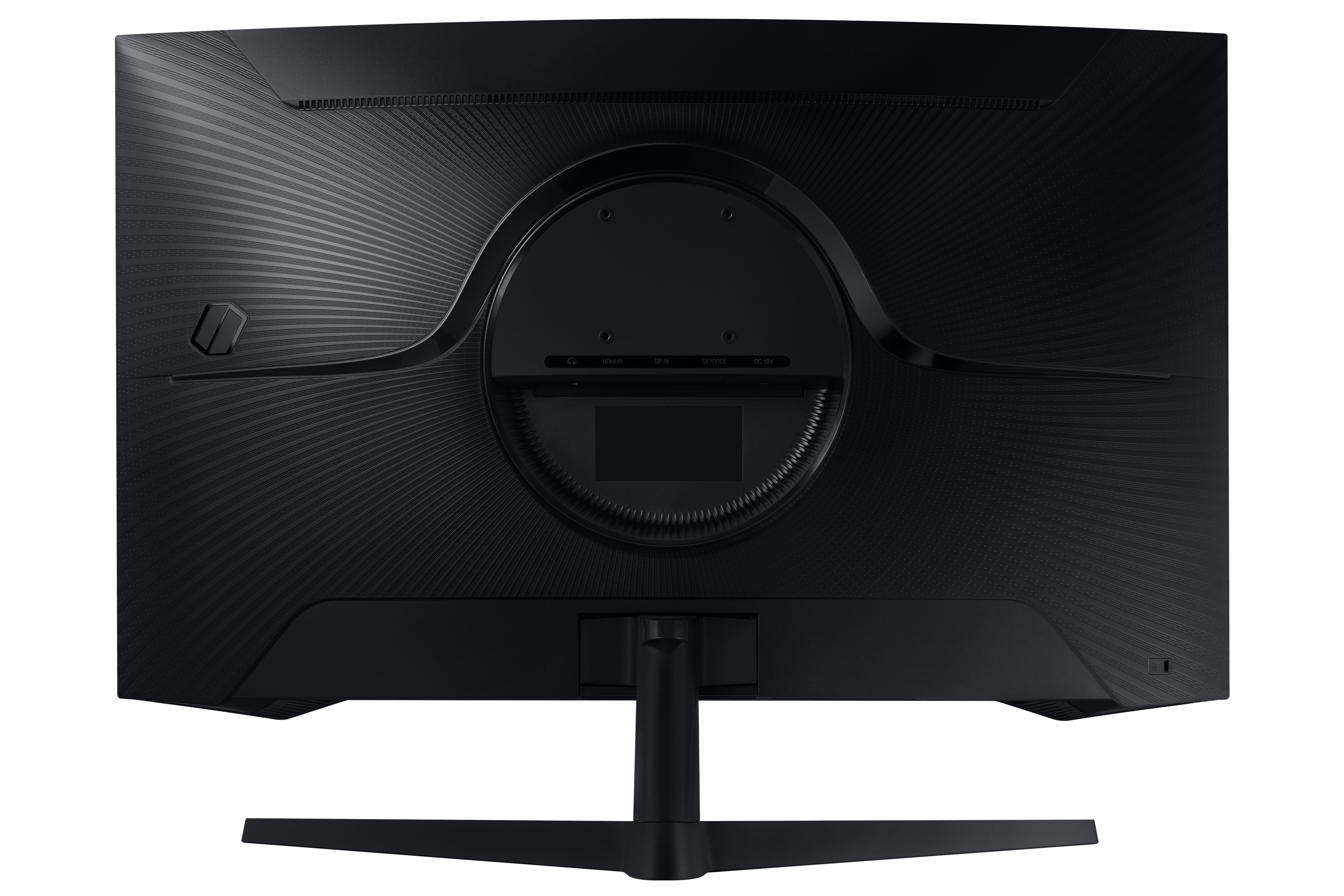 Parte trasera de un monitor negro curvo. Contiene puertos y un soporte.