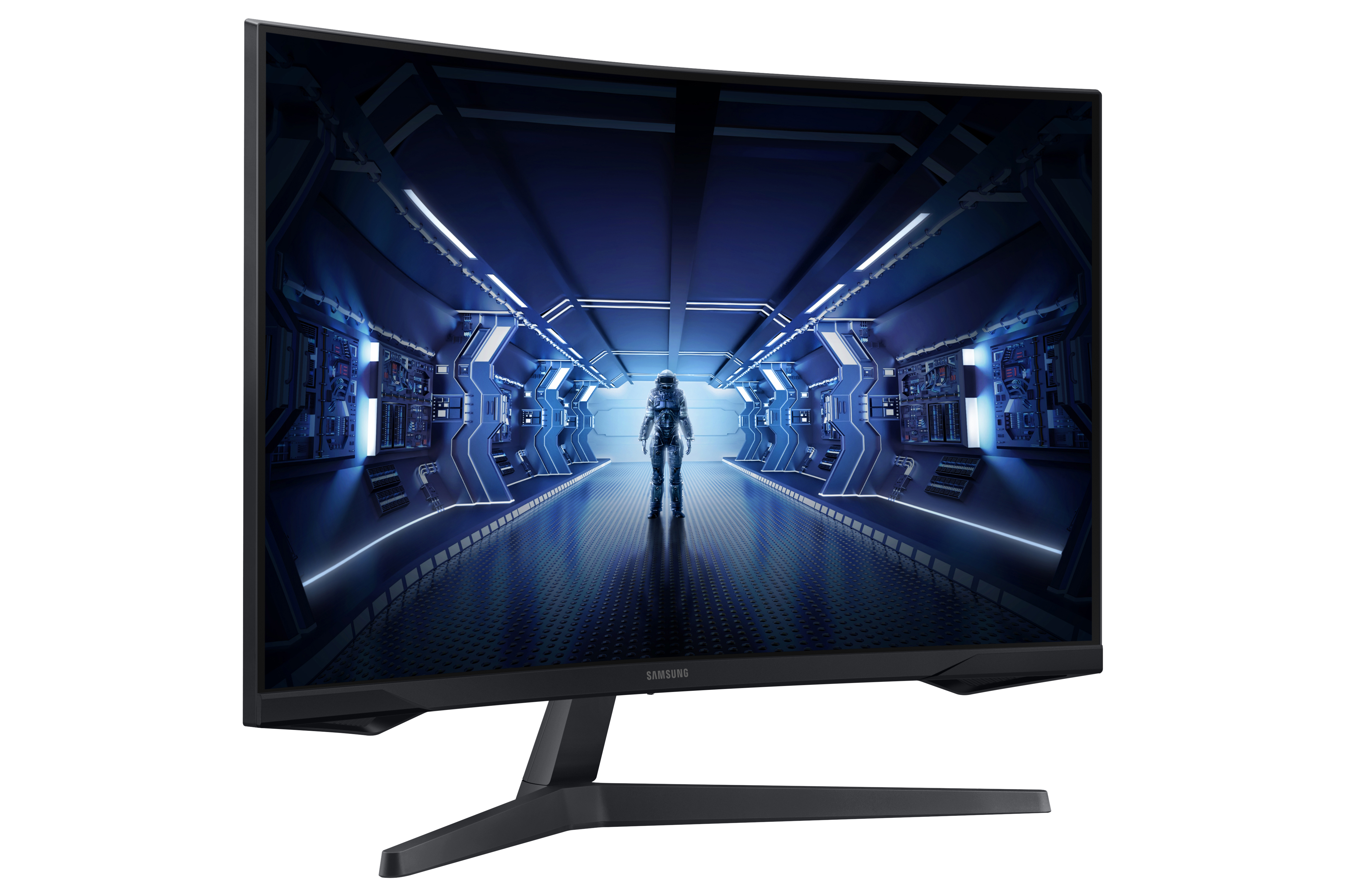 Monitor de pantalla curva, marco negro, escena futurista. Fondo negro.