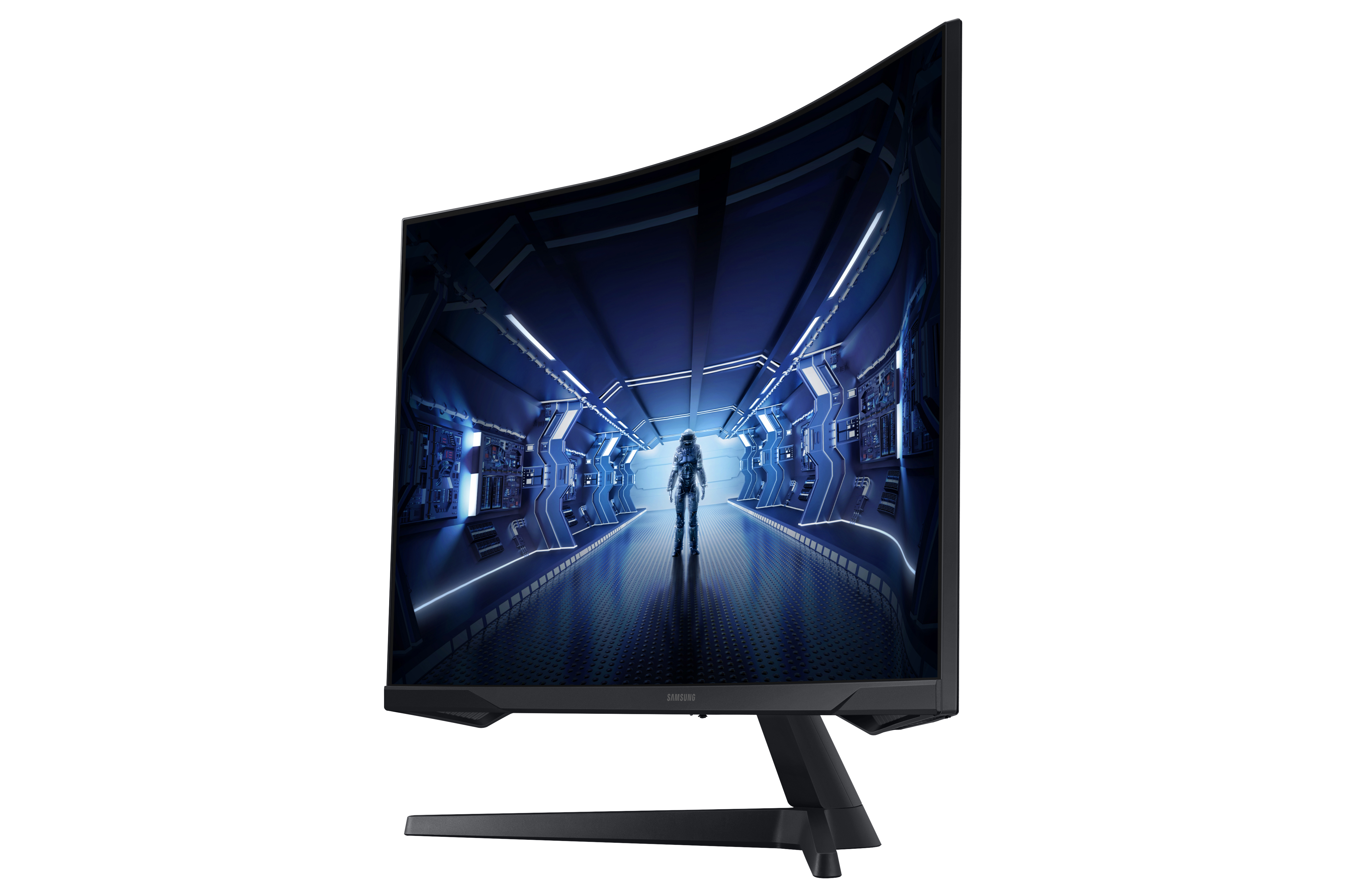 Monitor negro curvo. Muestra un corredor futurista con una figura al fondo.