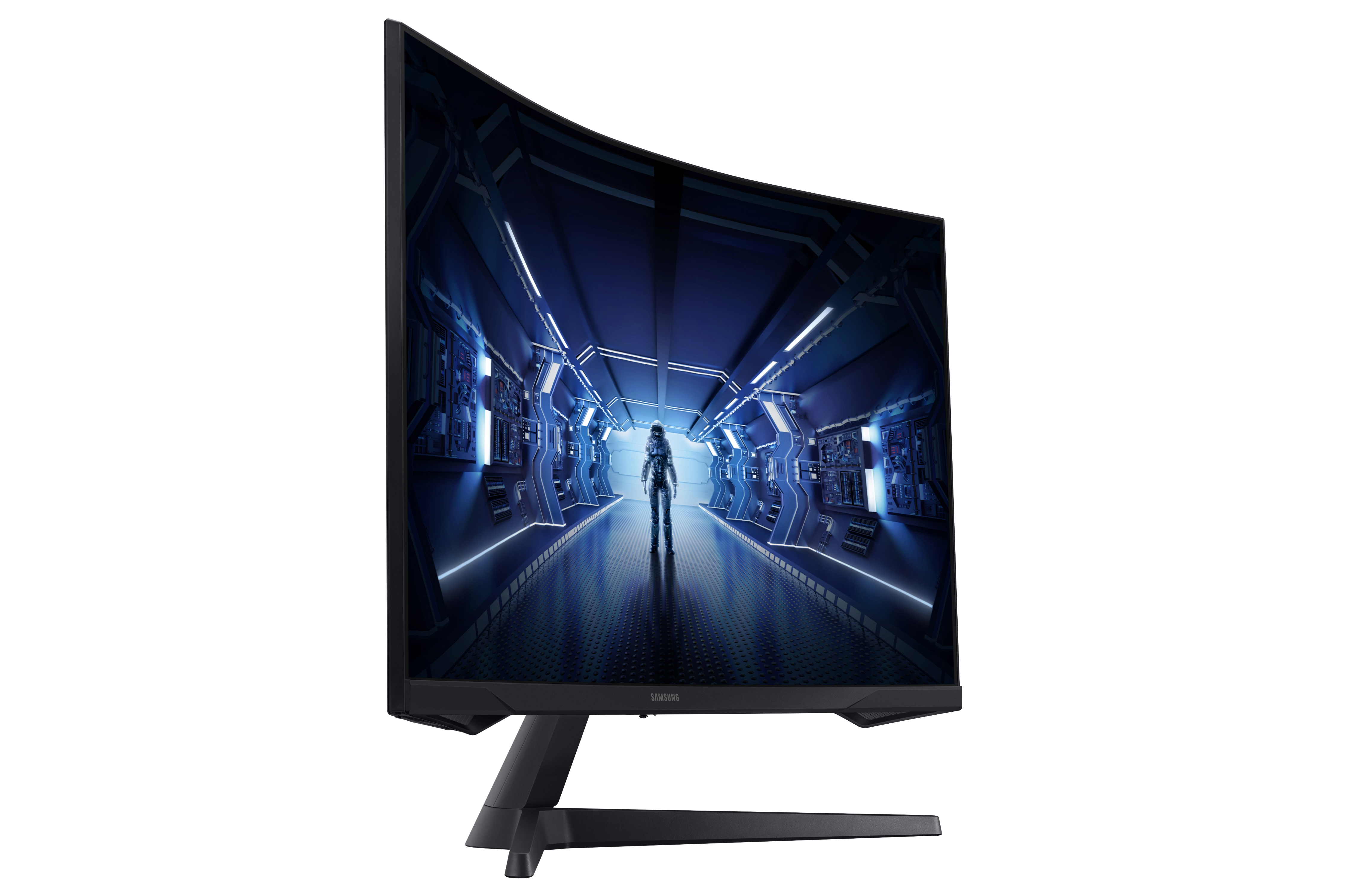 Monitor negro curvado que muestra una escena futurista de una persona en un pasillo.