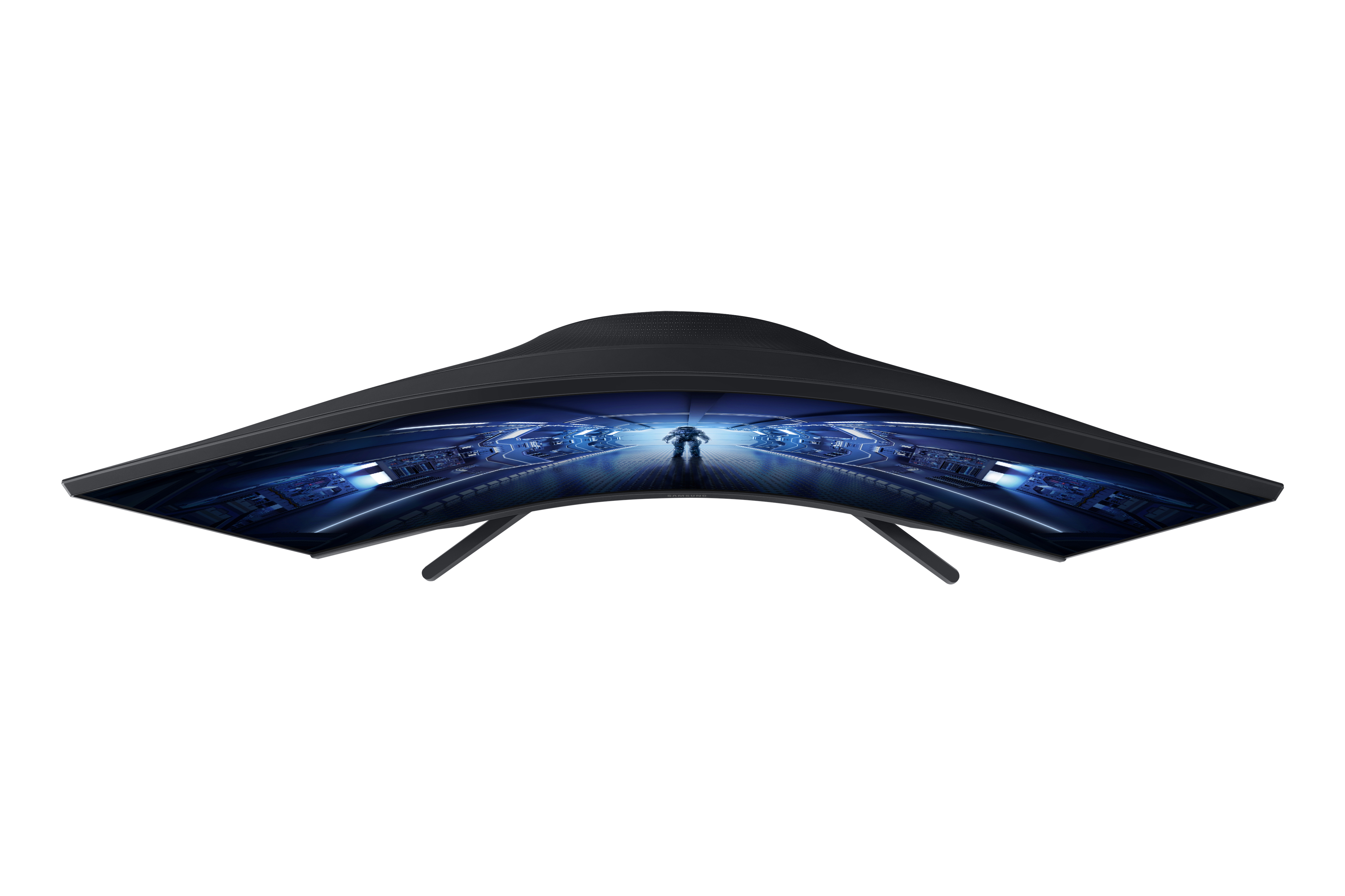 Monitor negro curvo, que muestra una escena futurista, con un soporte.