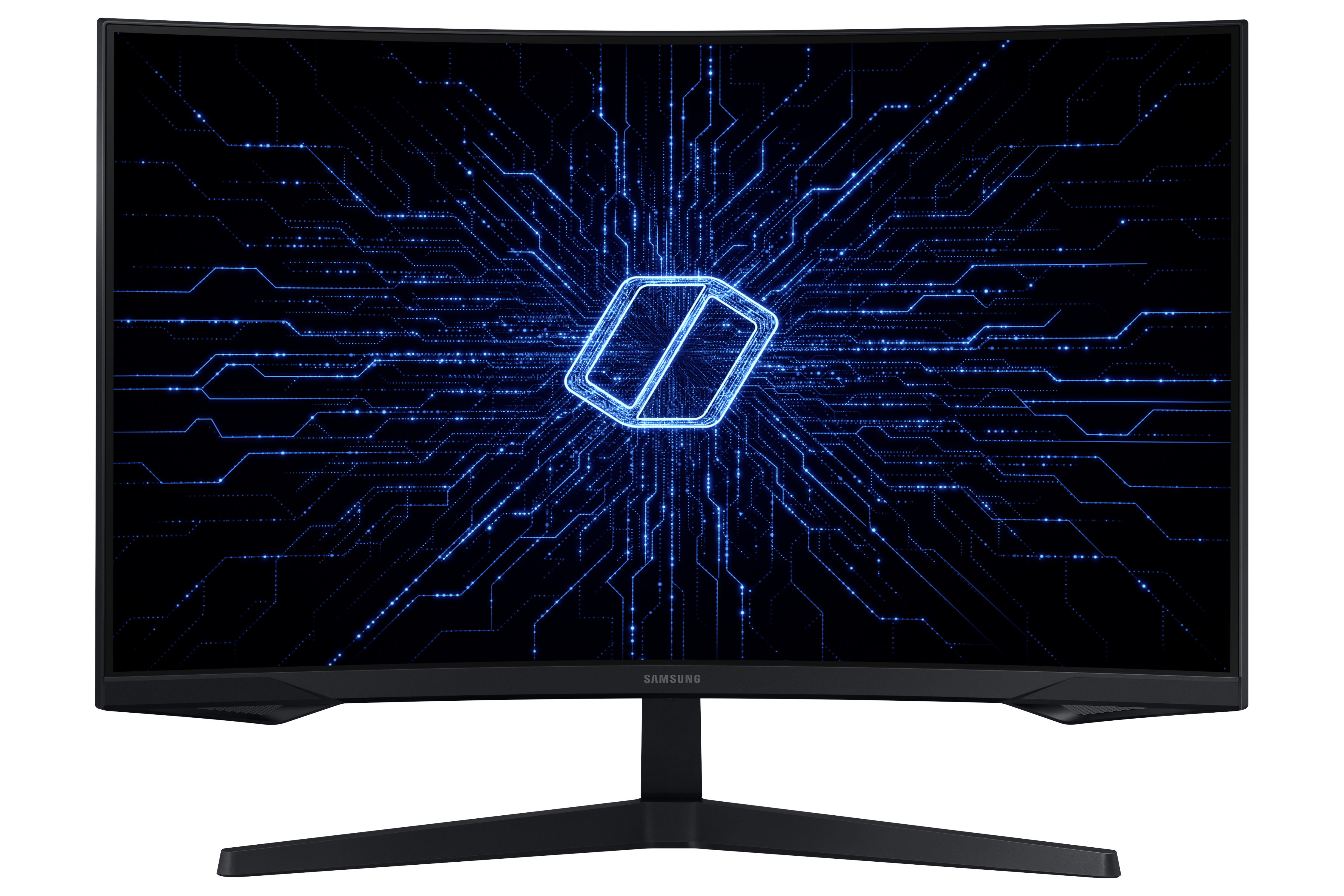 Monitor curvo, patr ón azul en pantalla, base negra.