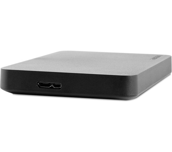 Disco duro portátil negro y rectangular con un puerto USB en un lado.