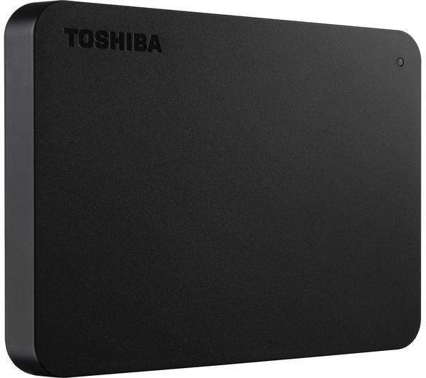 Disco duro externo negro Toshiba. El logotipo de Toshiba está en la parte superior y una pequeña luz a la derecha.
