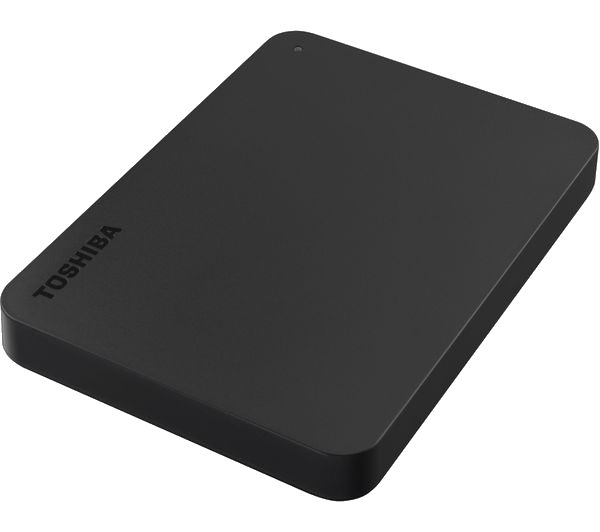 Un disco duro externo Toshiba negro sobre una superficie negra, que muestra un diseño elegante y rectangular.