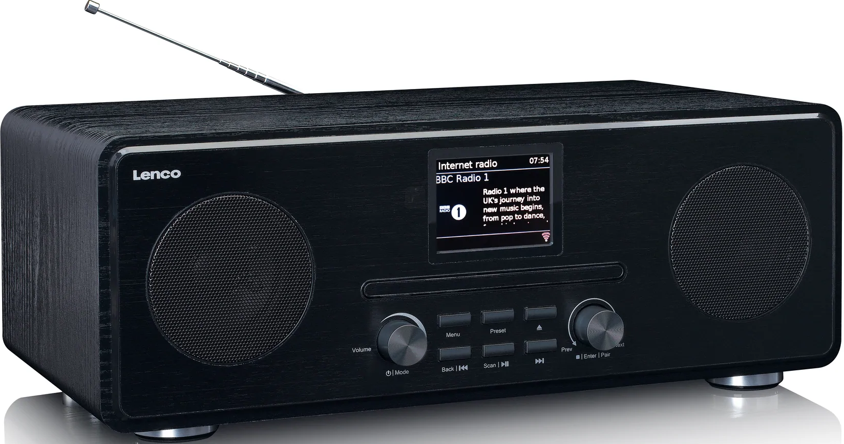 Schwarzes Lenco-Radio in Holzoptik mit Display, Lautsprechern und Knöpfen.