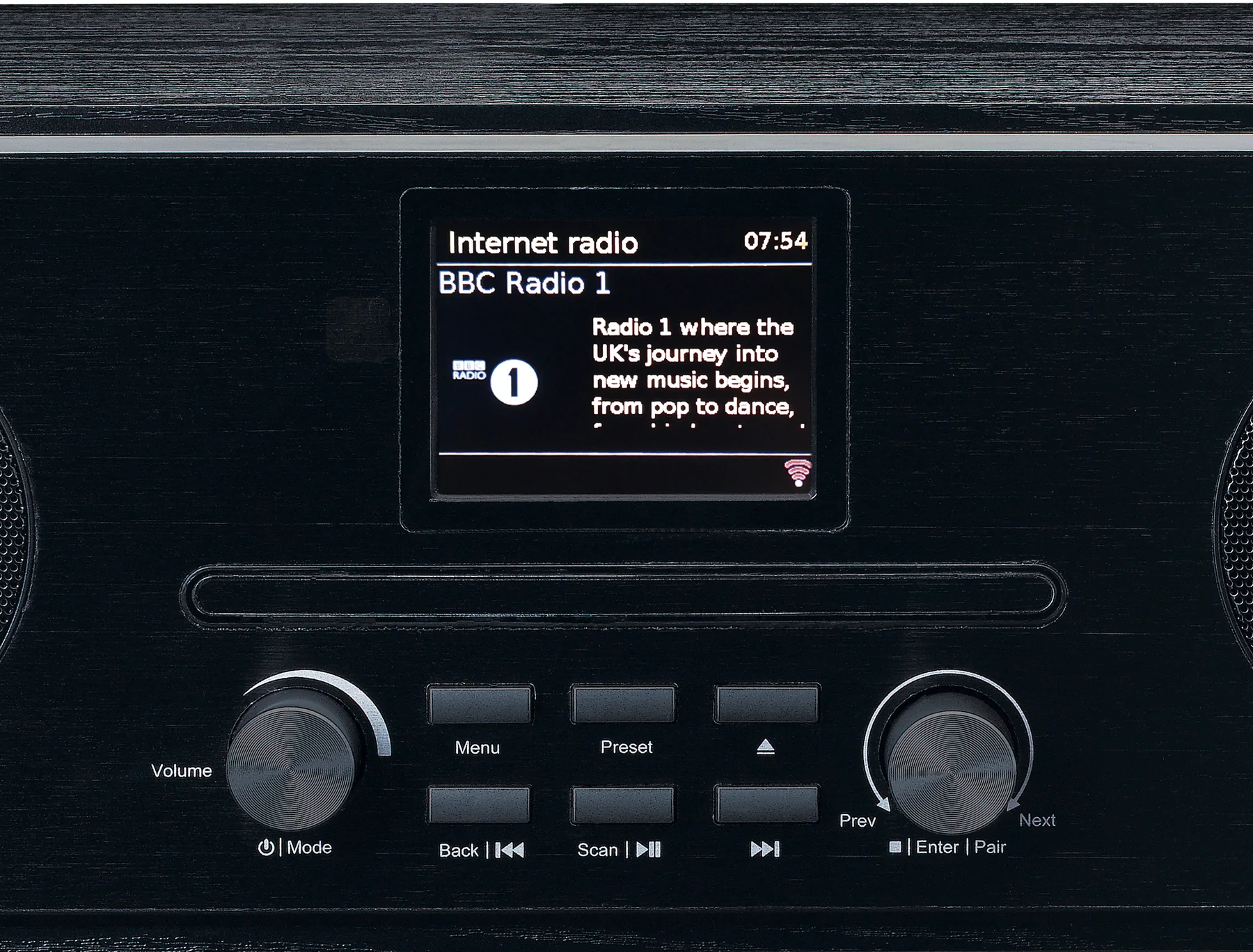 Schwarzer Audiomixer mit Knöpfen und einem Display. Knöpfe links und rechts. Blaue Lichter am Knopf.