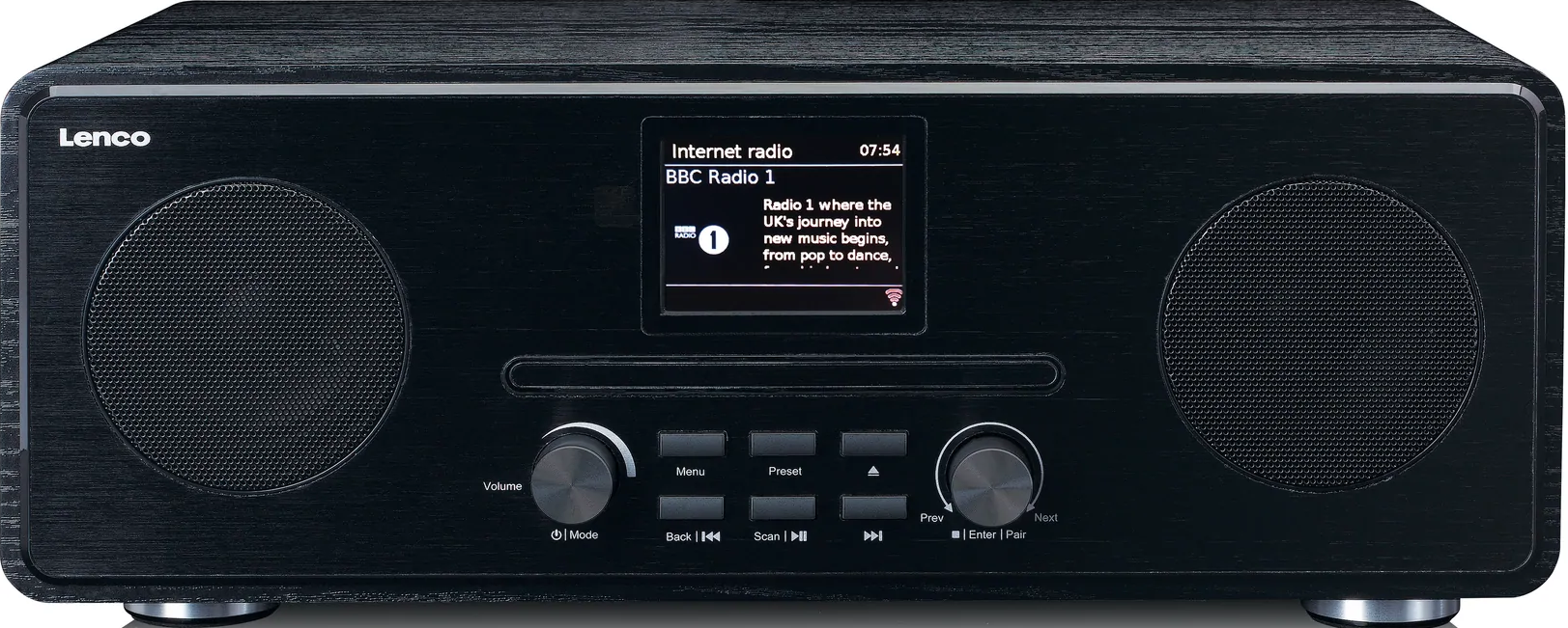 Schwarzes Internetradio aus Holz. Es hat ein Display, Lautstärkeregler und Lautsprechergrills.