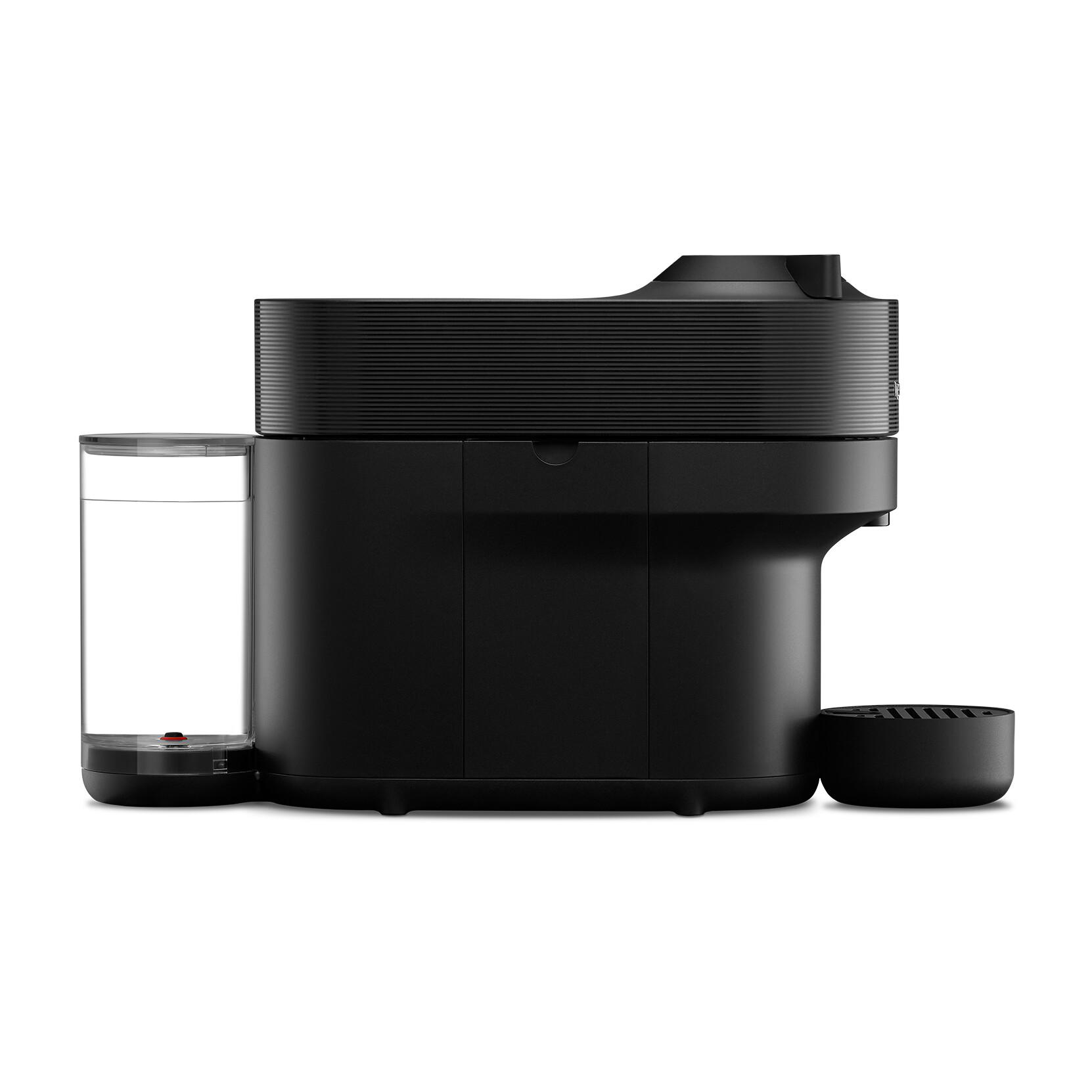 Schwarze Kaffeemaschine mit Wassertank und Behälter für gebrauchte Kaffeepads.