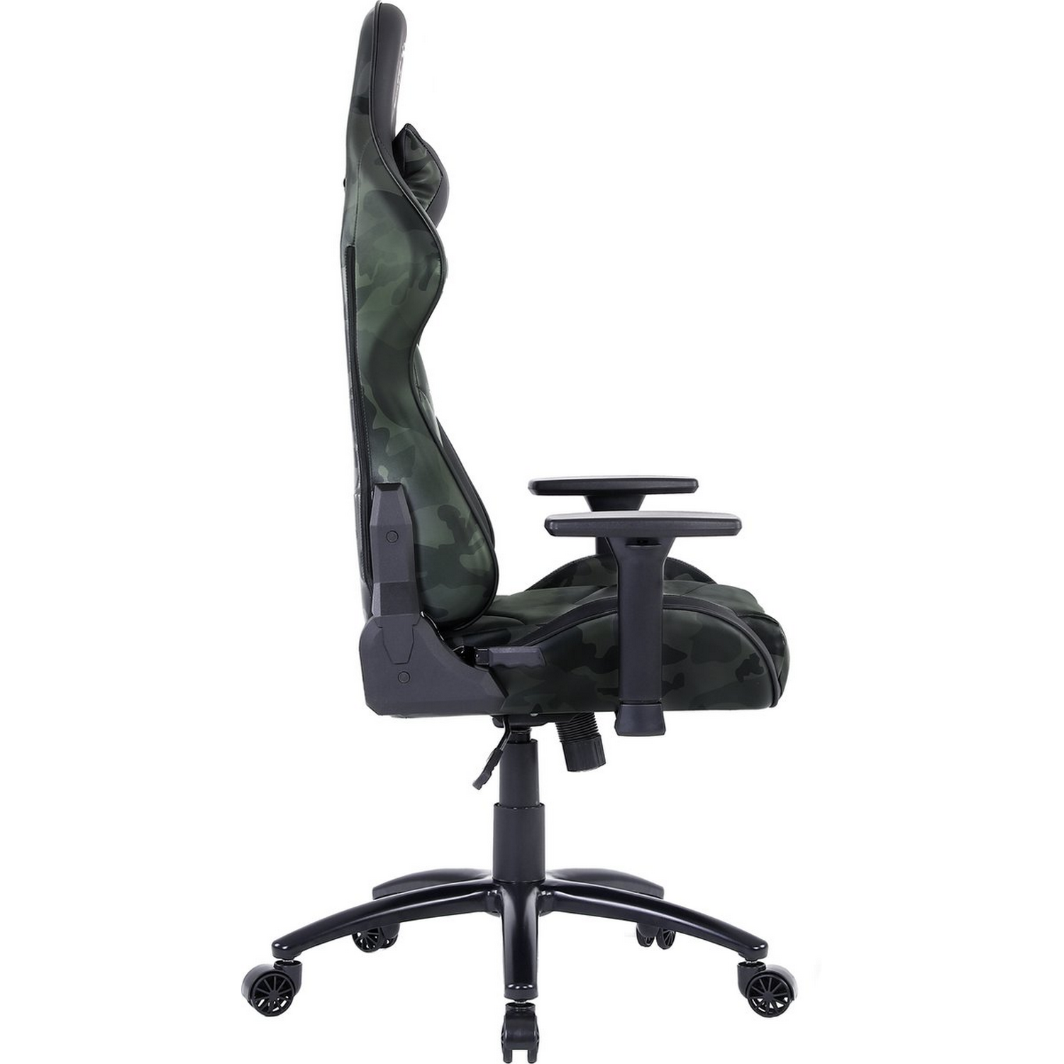 Green camouflage gaming chair, side view, black base, armrests. White background.