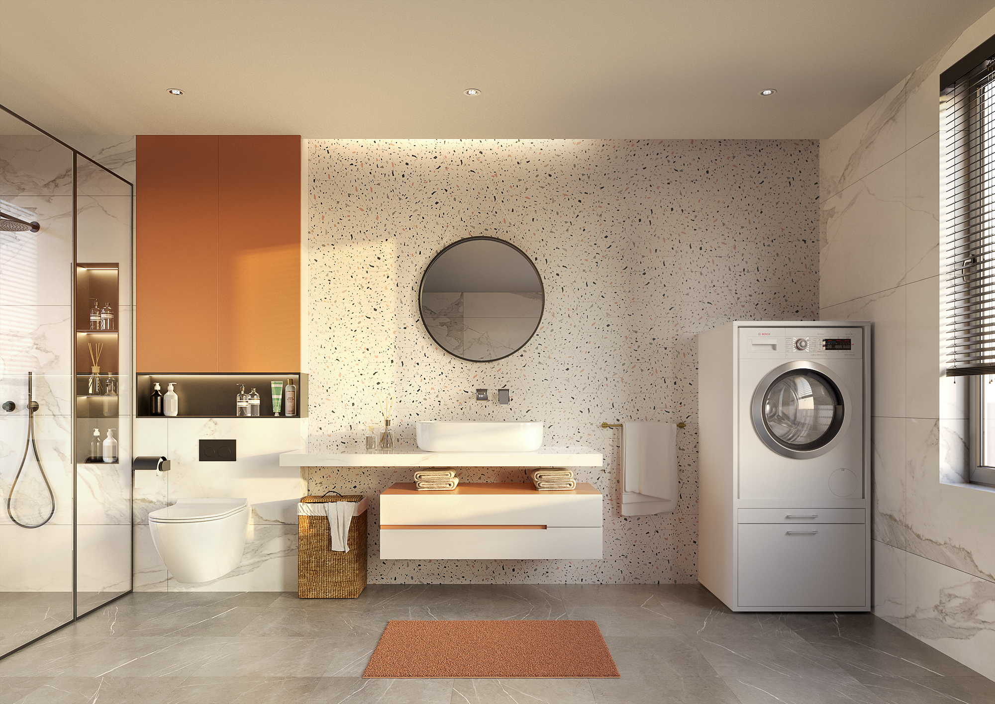 Modernes Badezimmer mit orangefarbenem Schrank, weißem Waschbecken, Spiegel und Waschmaschine.