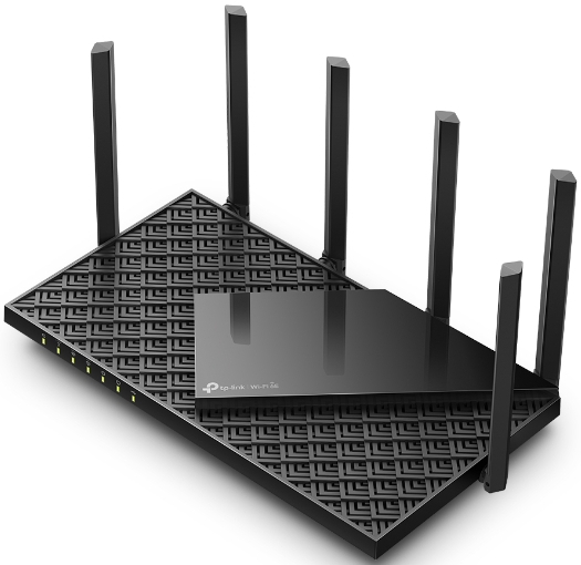 Routeur noir avec antennes sur une surface à motifs.
