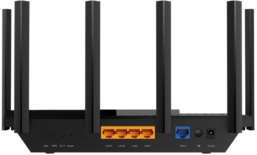Routeur noir avec 4 antennes. Vue arrière avec ports LAN1-4, WAN et alimentation.