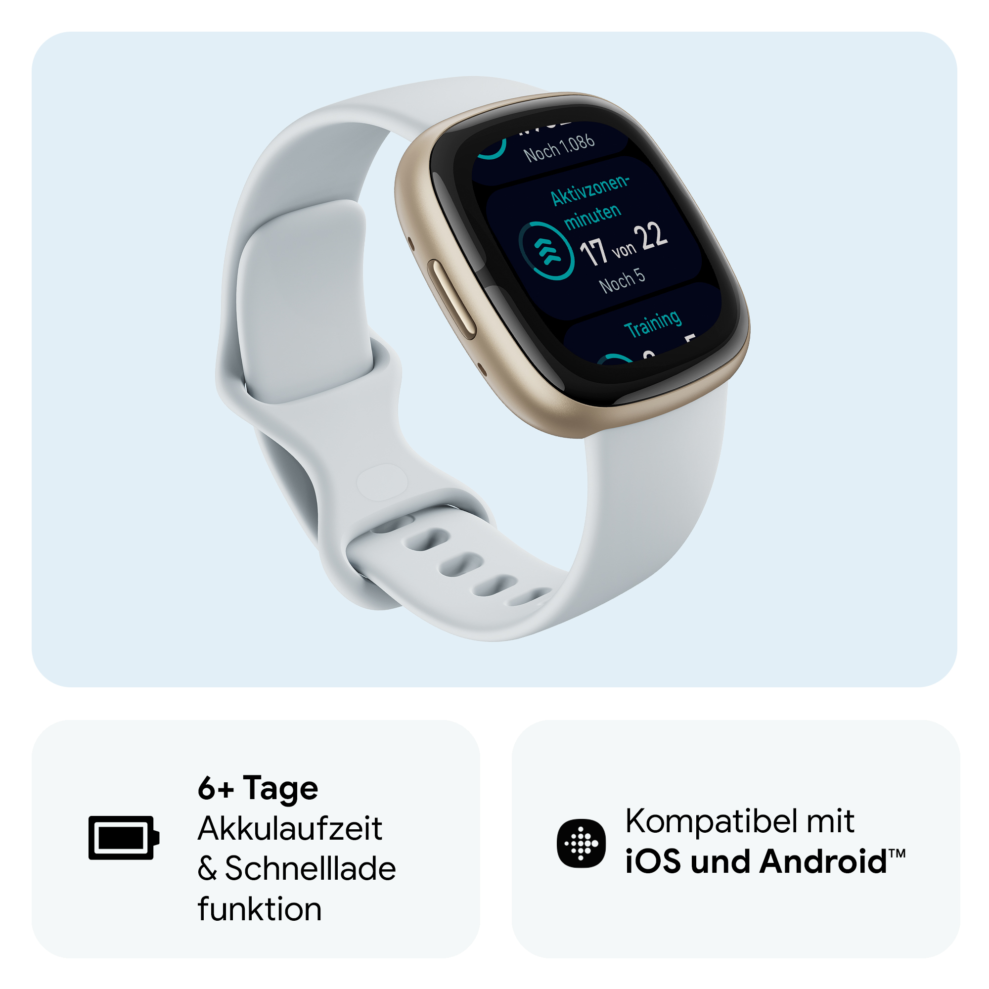 Fitbit Sense 2 Smartwatch mit goldfarbenem Gehäuse und hellblauem Armband. Training Daten.