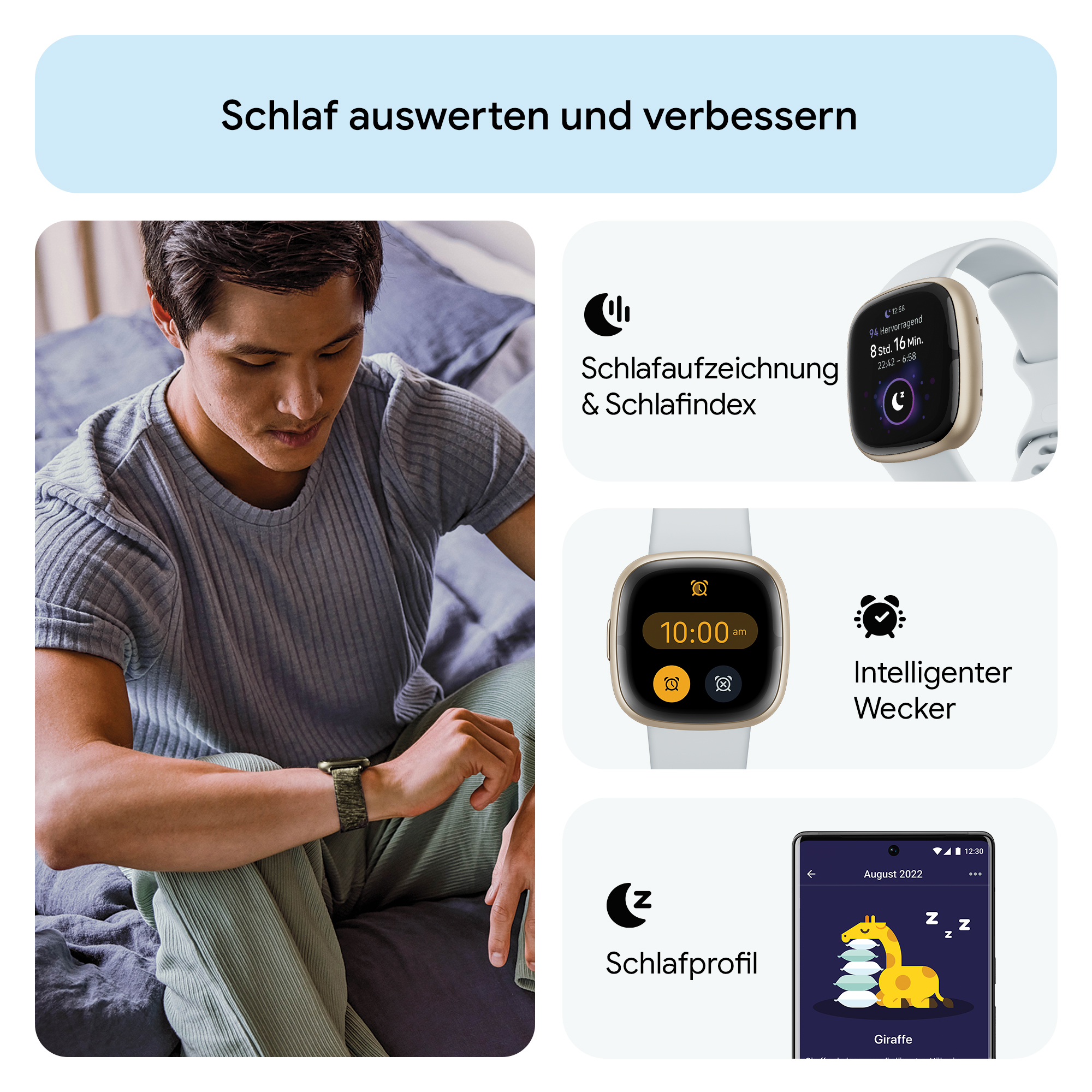 Mann betrachtet Smartwatch, Bilder von Schlaftracking und Smart-Alarm-Funktionen.