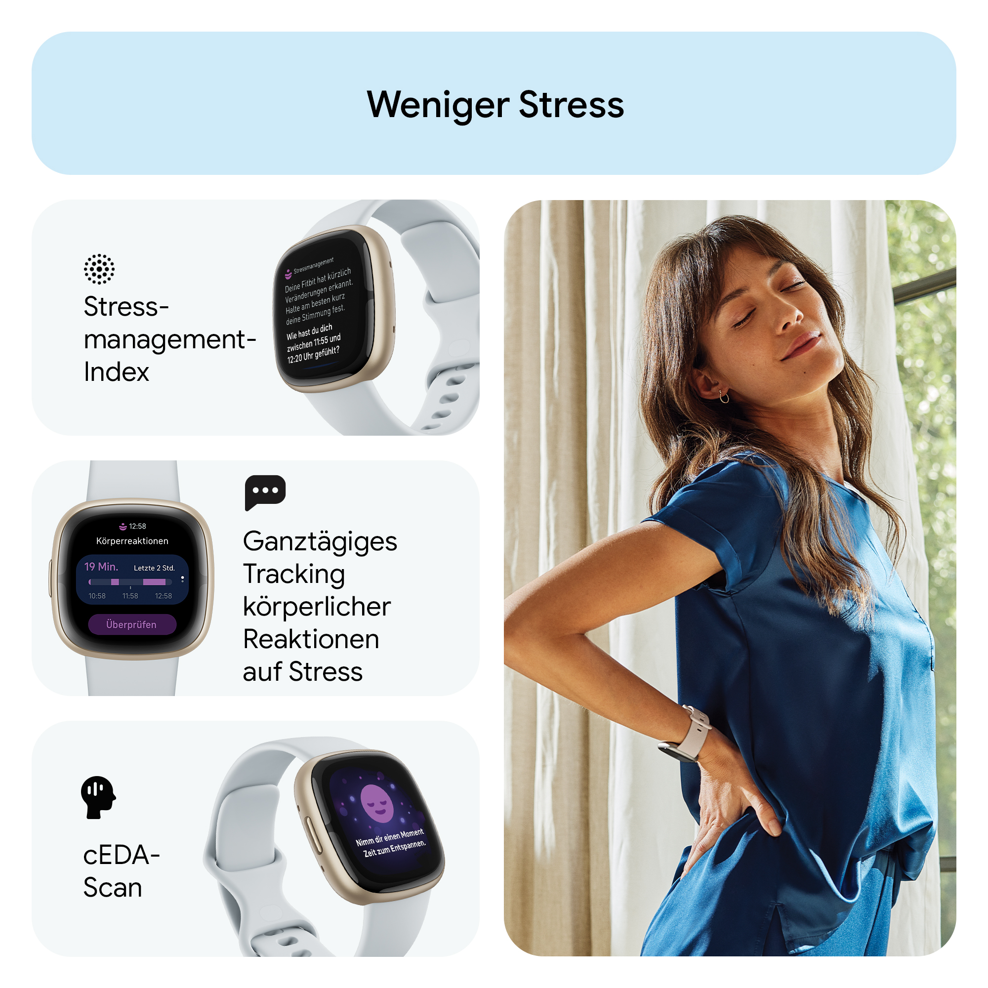 Frau mit Smartwatch, mit Text über Stressbewältigung und cEDA-Scan.