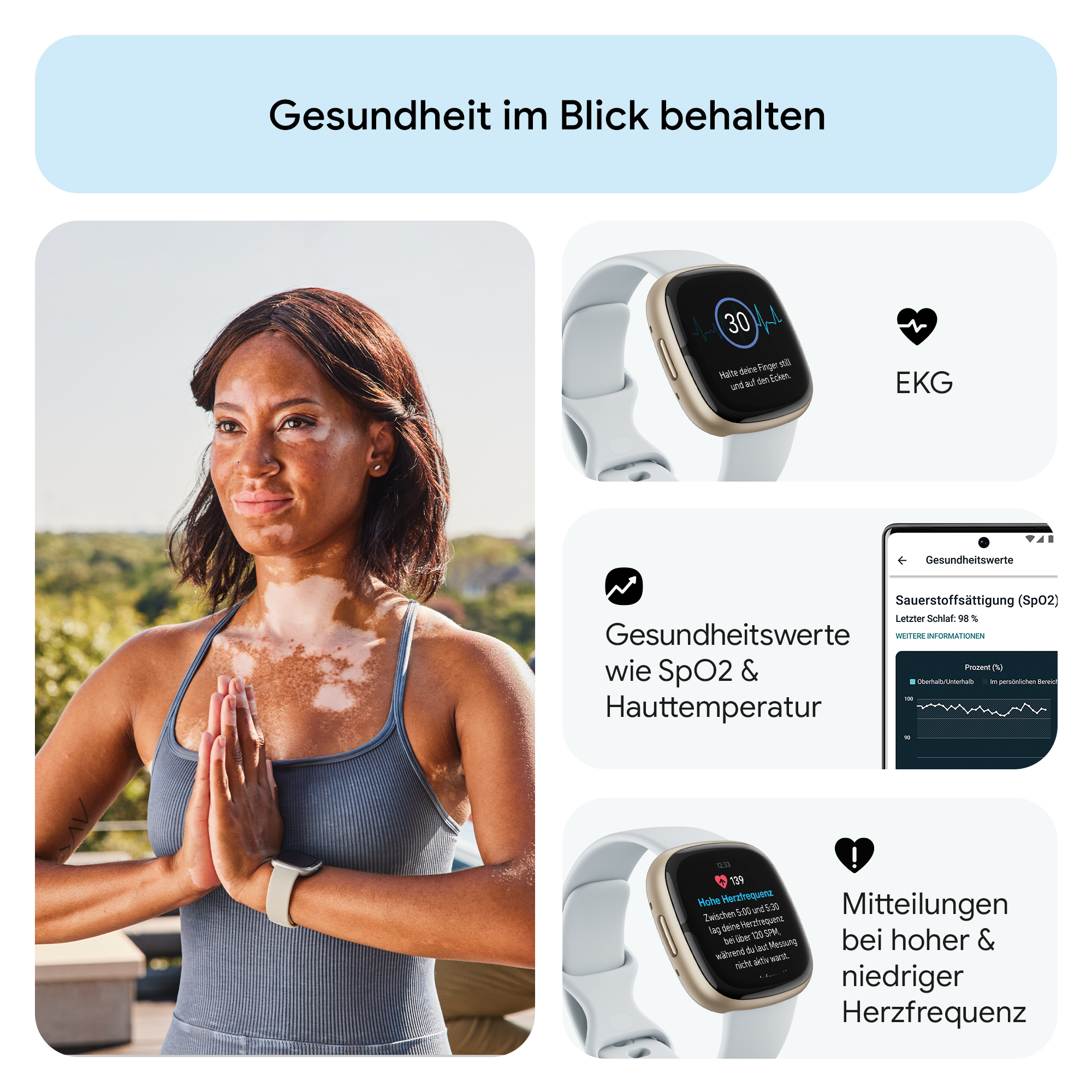 Frau in Sportkleidung meditiert. Infotafeln zeigen Gesundheitsdaten und eine Smartwatch.