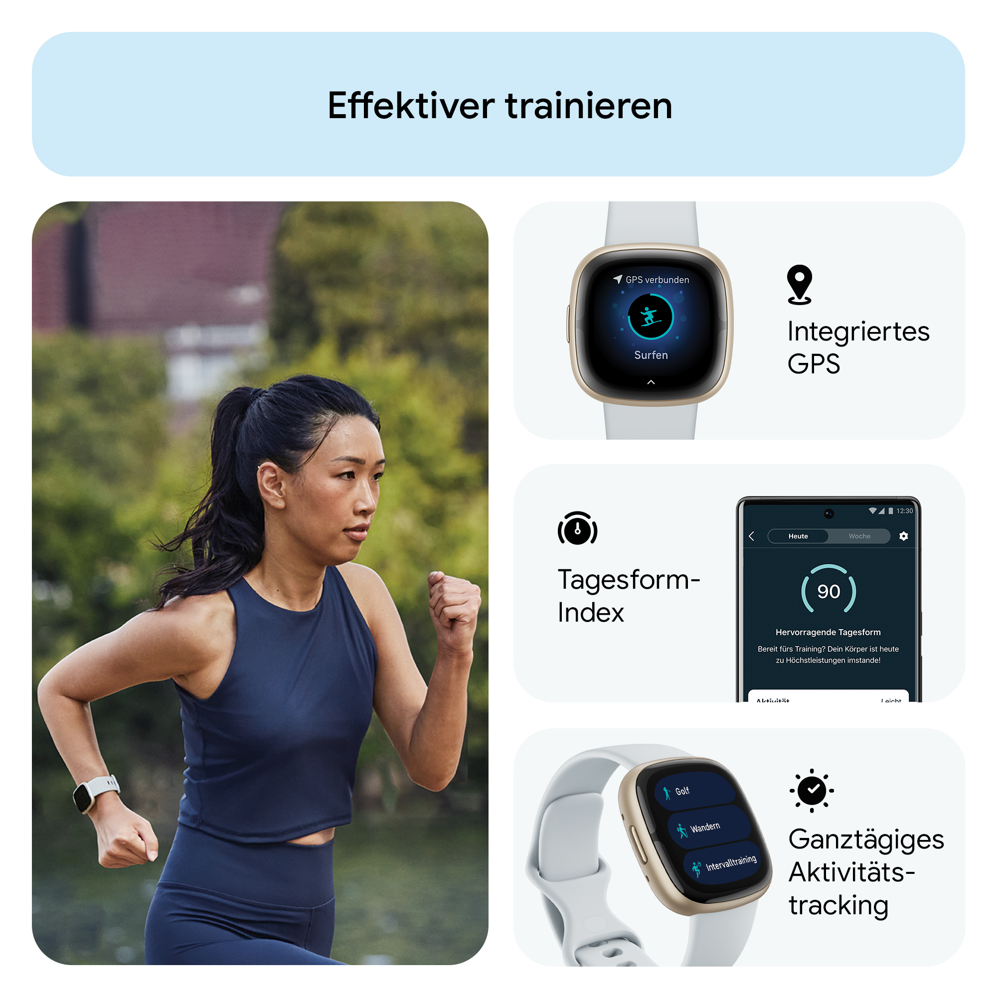 Eine Frau läuft im Park und trägt eine Smartwatch.