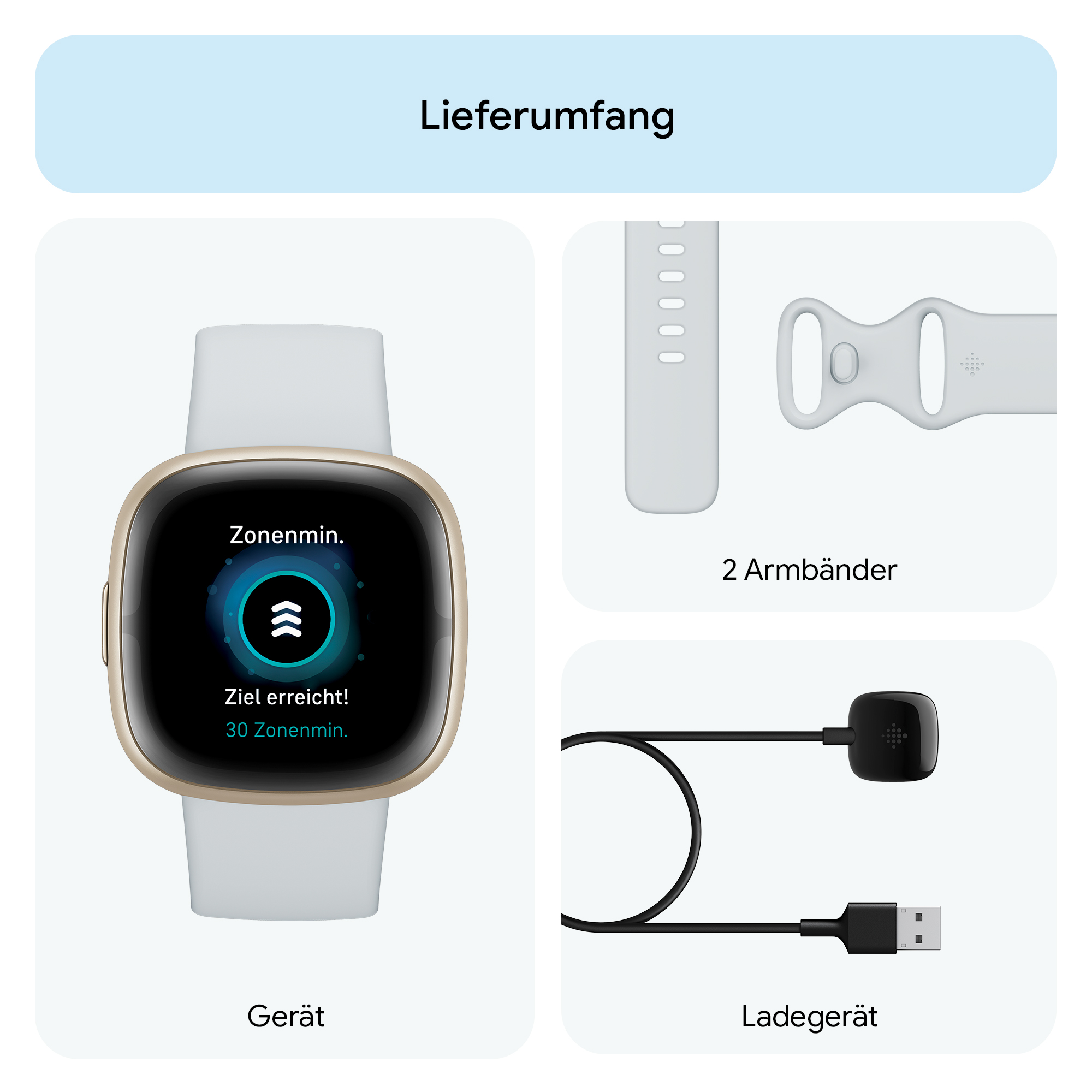 Smartwatch, mit Bändern und Ladegerät. Der Bildschirm zeigt Aktivitätsfortschritt.