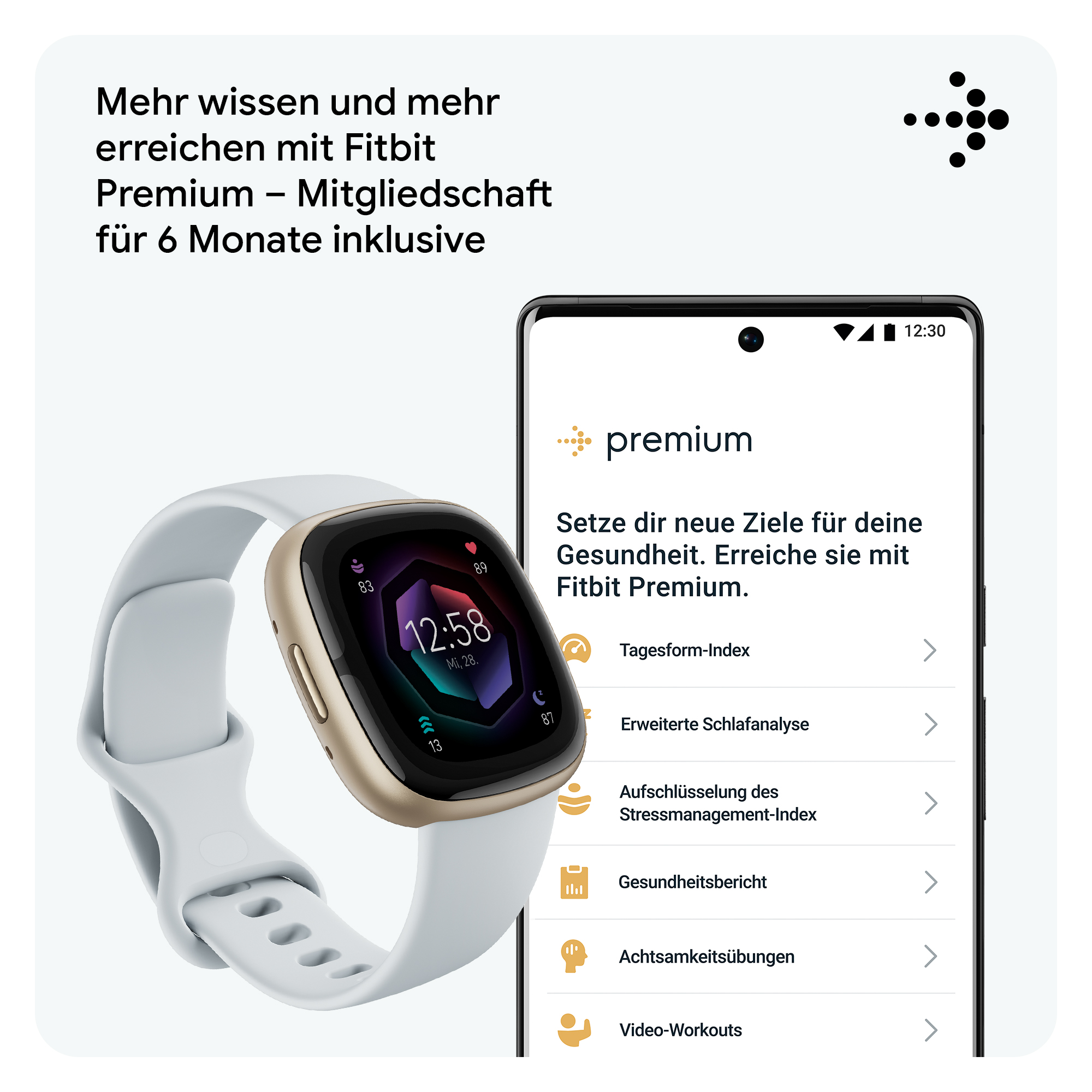 Eine Smartwatch mit weißem Armband und ein Telefon mit der Premium-App auf weißem Hintergrund.