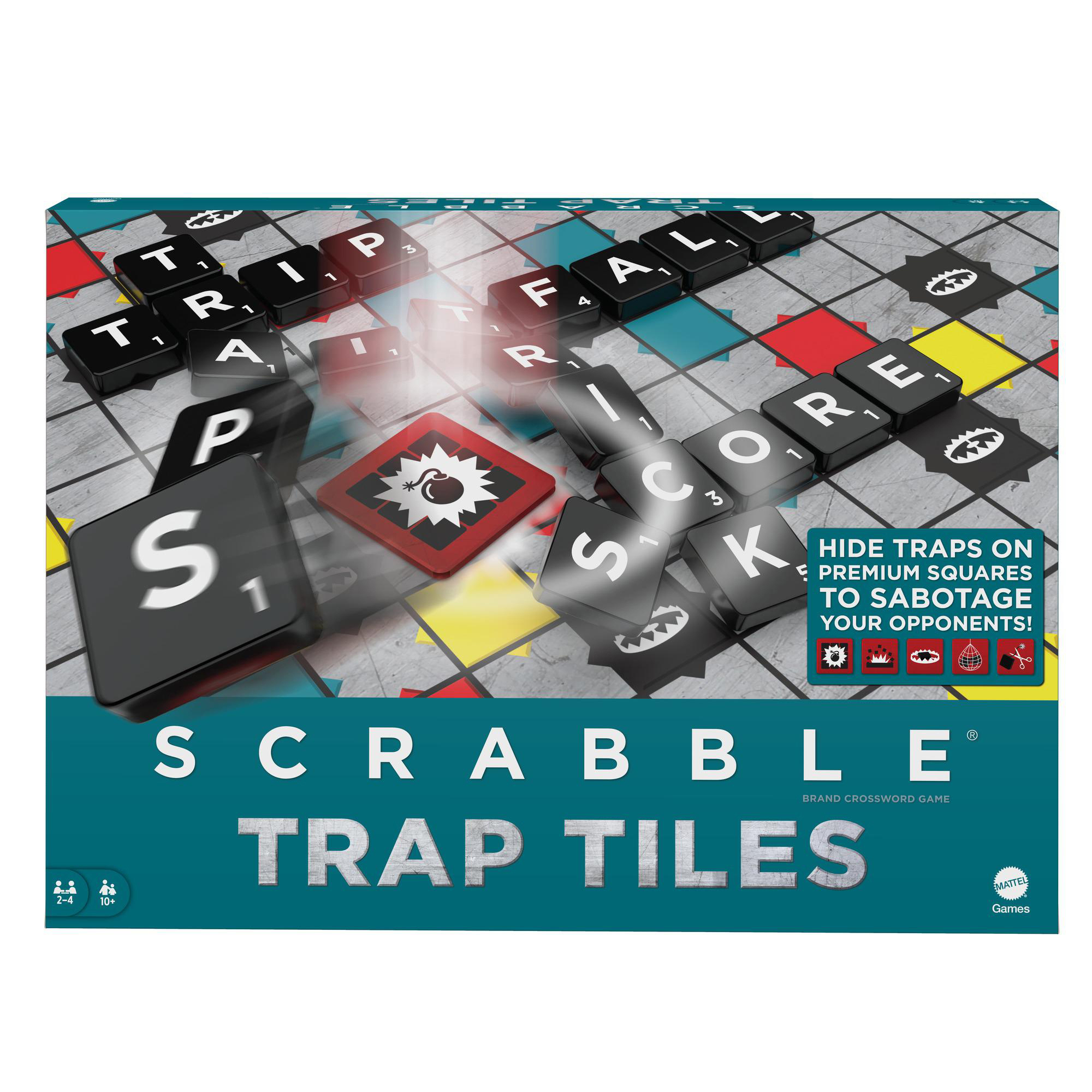 Scrabble Trap Tiles Spielbox. Brett mit Kacheln und Text: Verstecke Fallen auf Premiumfeldern, um deine Gegner zu sabotieren!