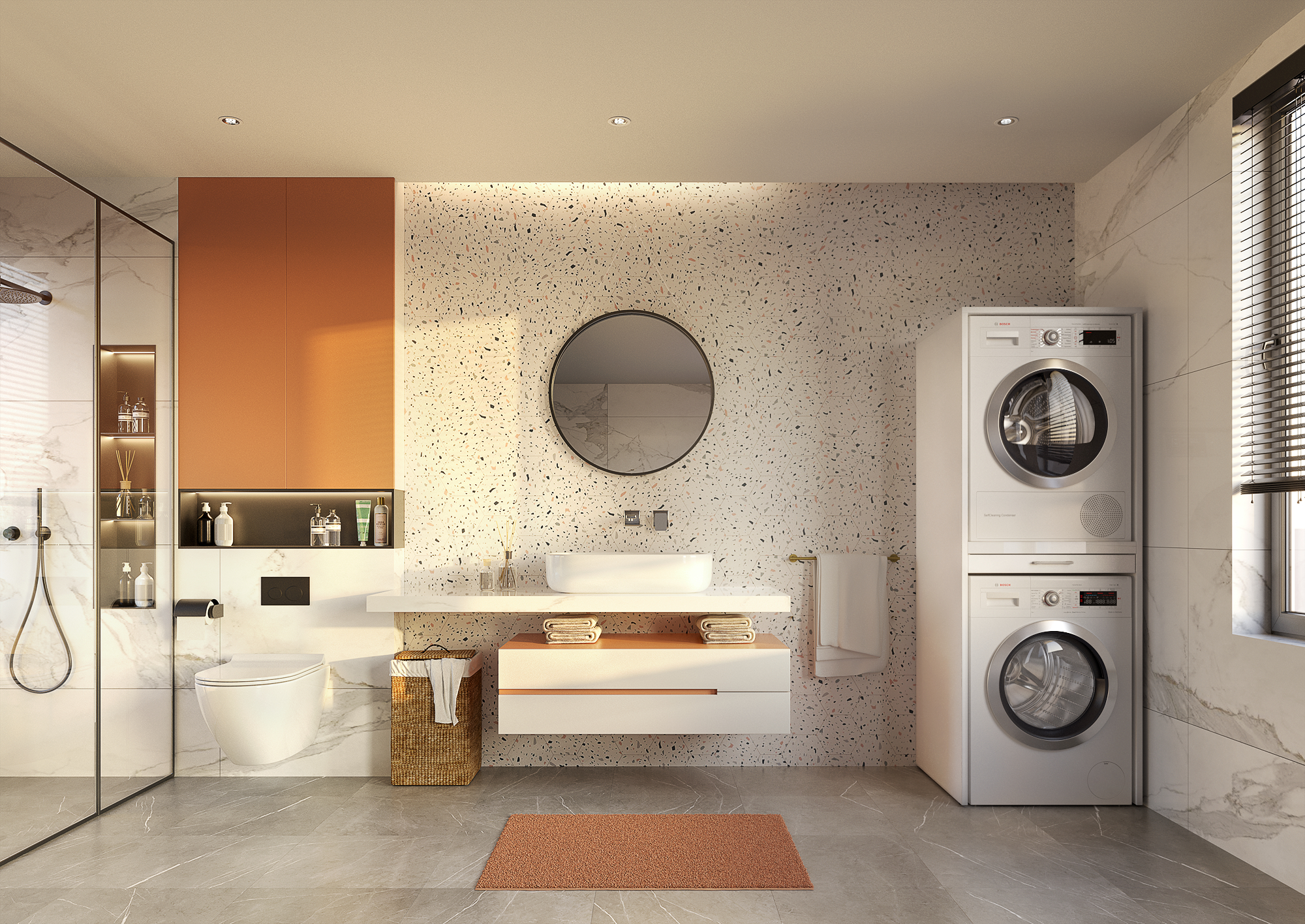 Ein modernes Badezimmer mit Toilette, Waschbecken und Waschmaschine und Trockner.