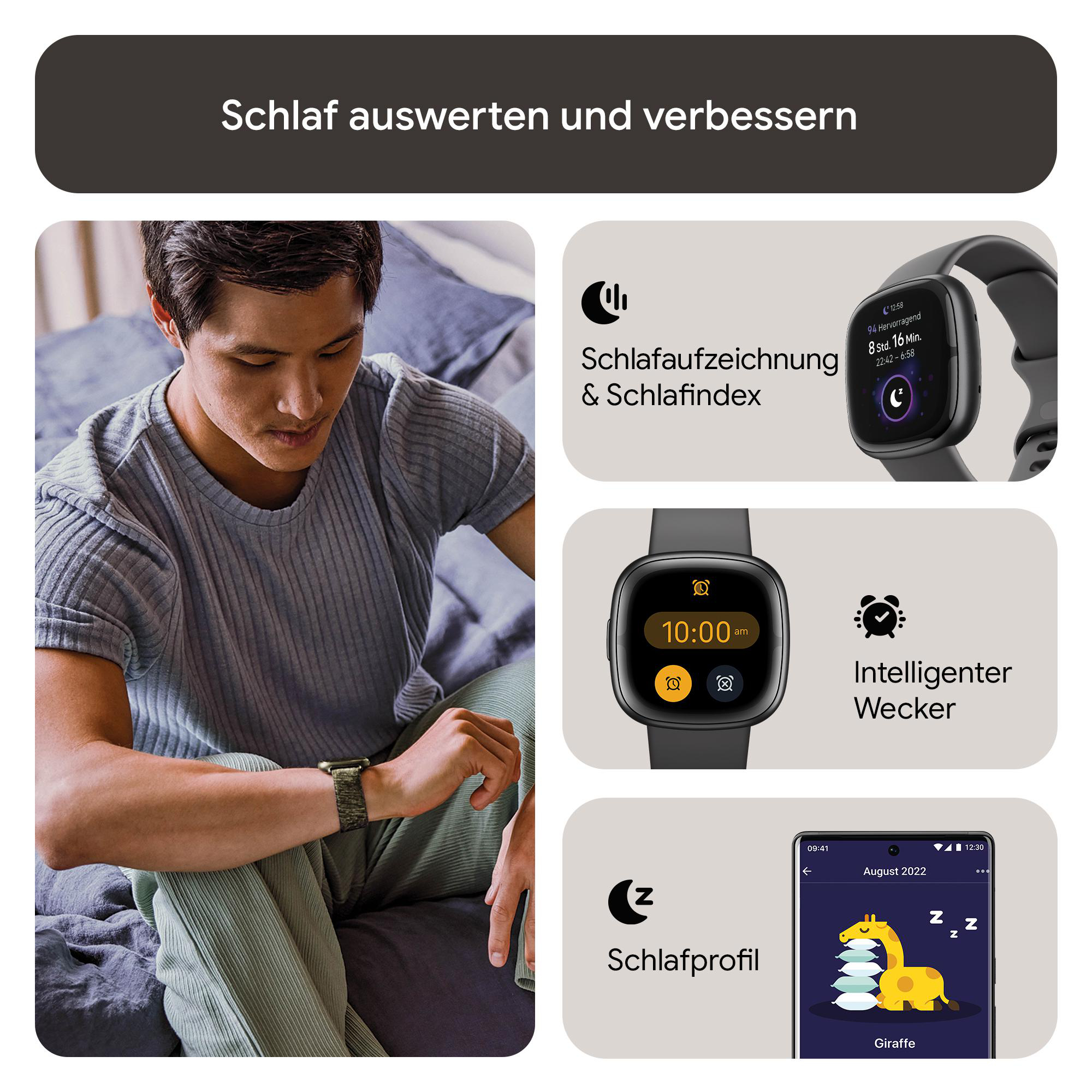 Mann mit Smartwatch, zeigt Schlafdaten: Schlaferfassung, intelligenter Wecker, Schlafprofil.