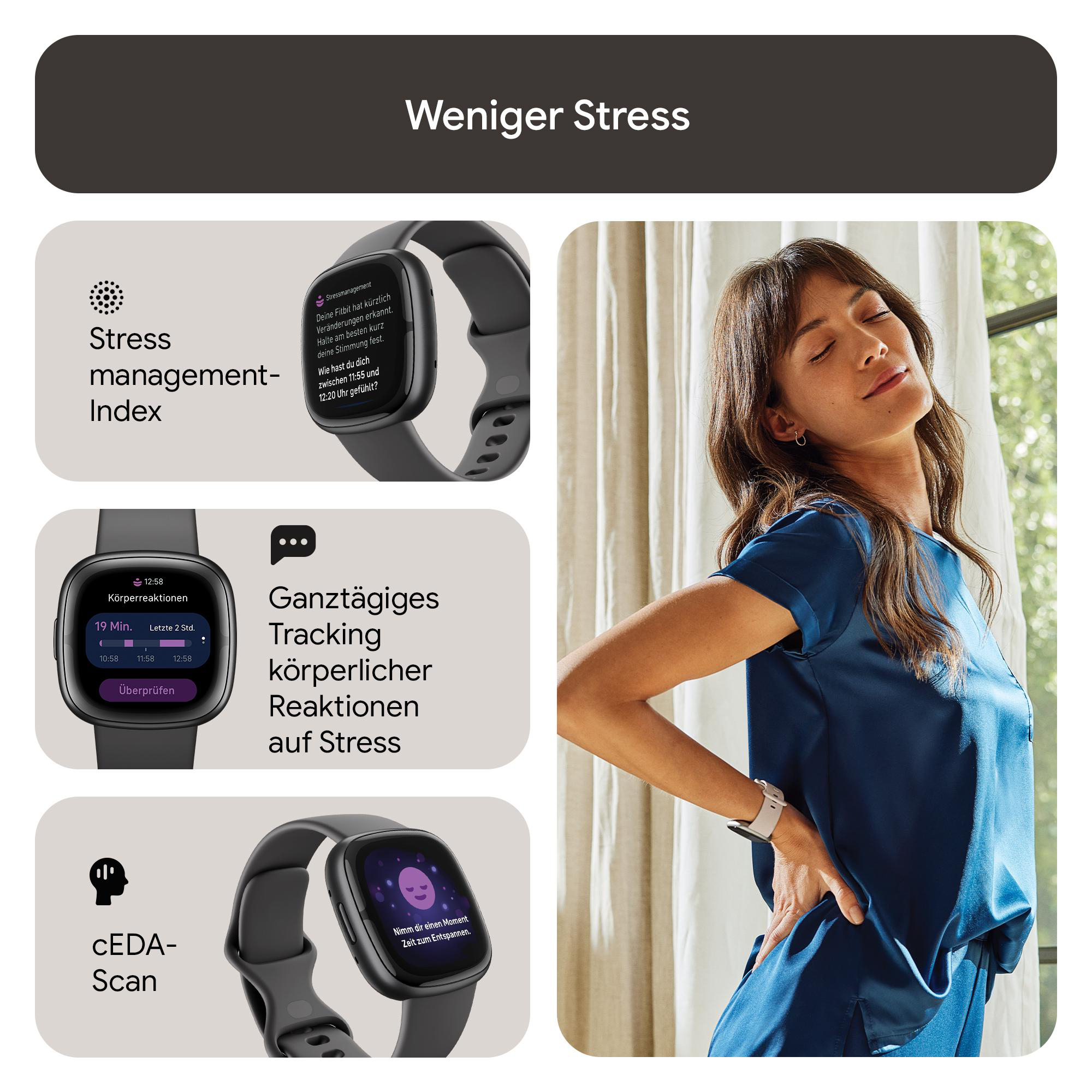 Frau mit Smartwatch, die Stressmanagement-Funktionen zeigt. Text: Stressmanagement-Index, cEDA-Scan.