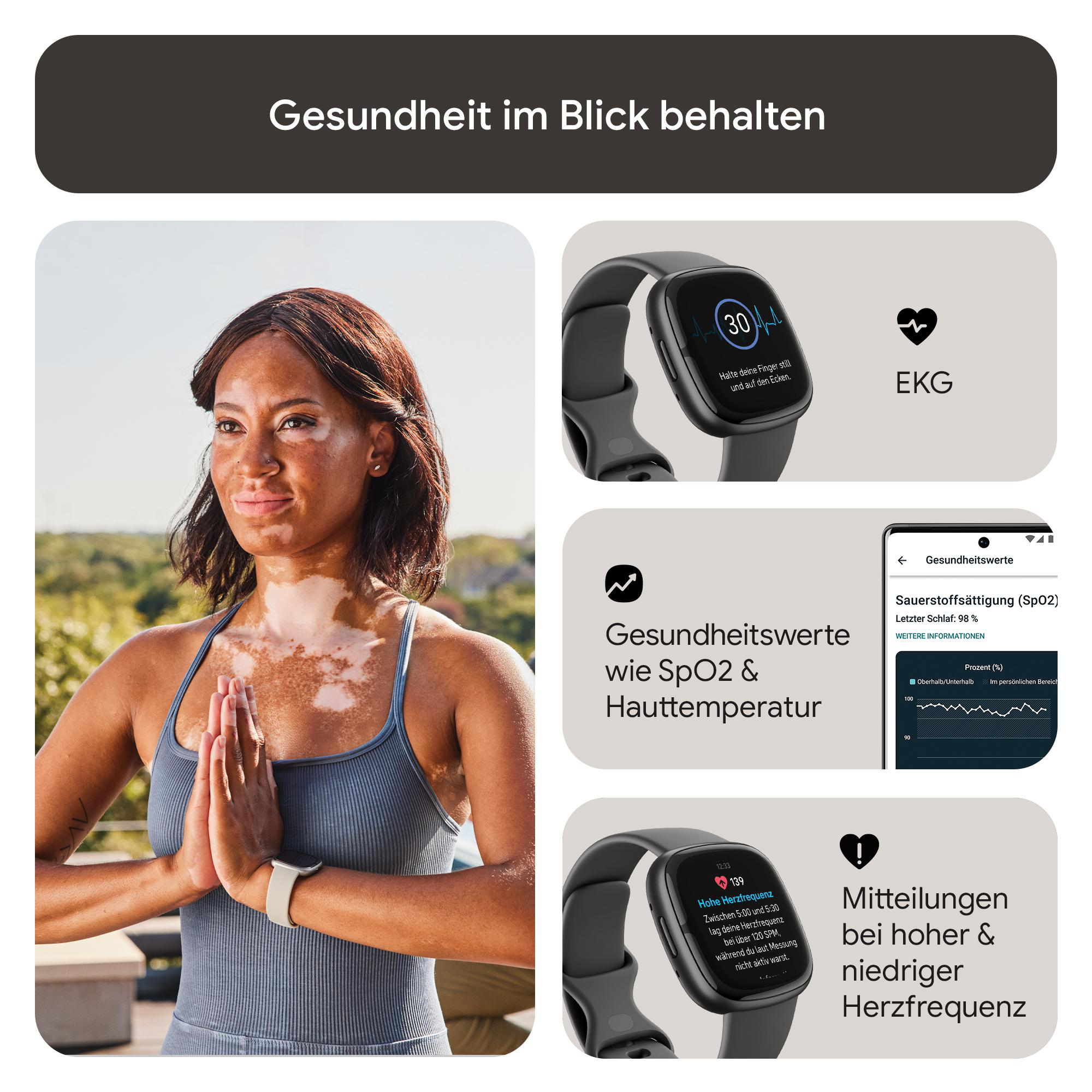 Frau in Yoga-Pose, Smartwatch, Gesundheitsdaten-Grafiken.