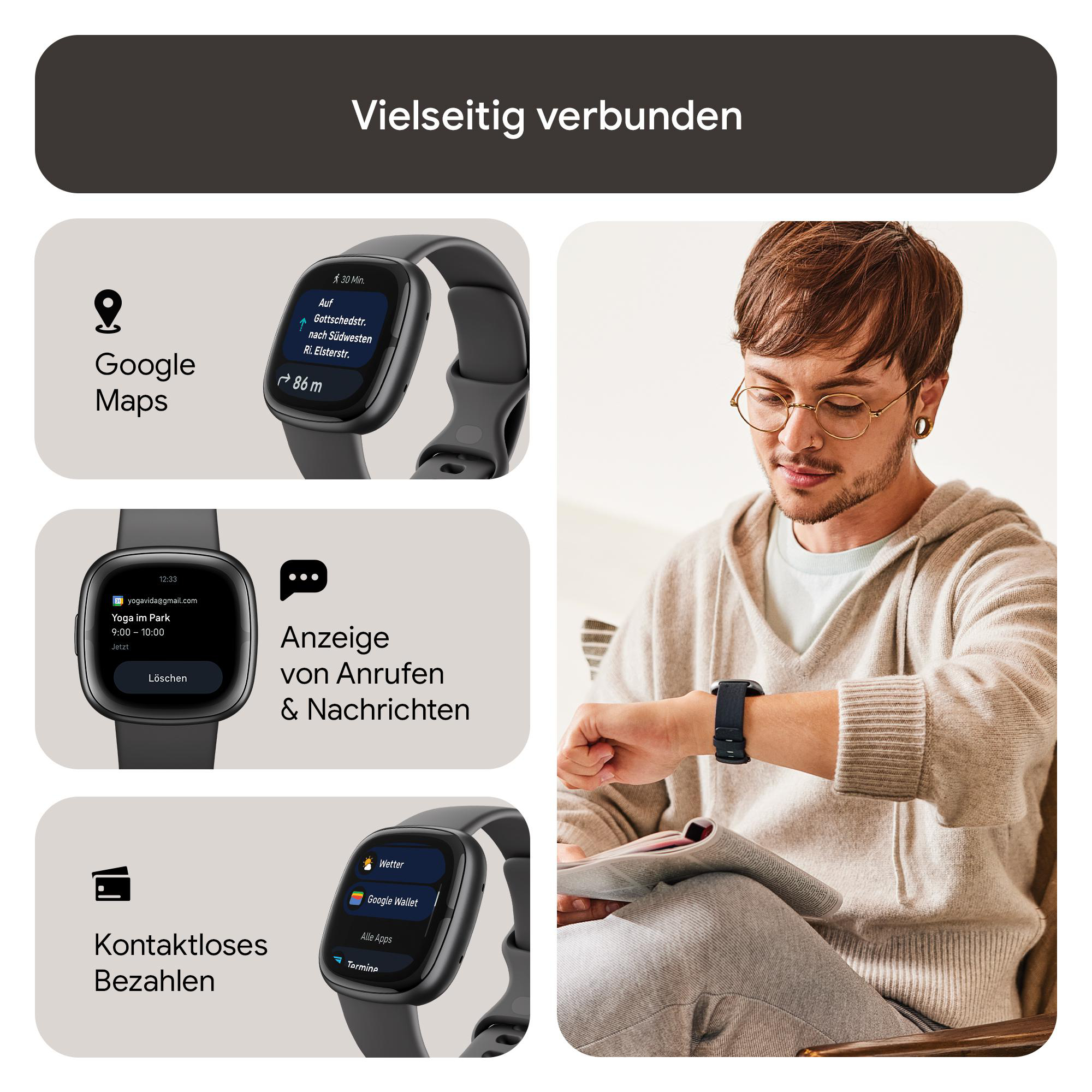 Ein Mann betrachtet seine Smartwatch, die Google Maps, Anrufe und kontaktloses Bezahlen anzeigt.