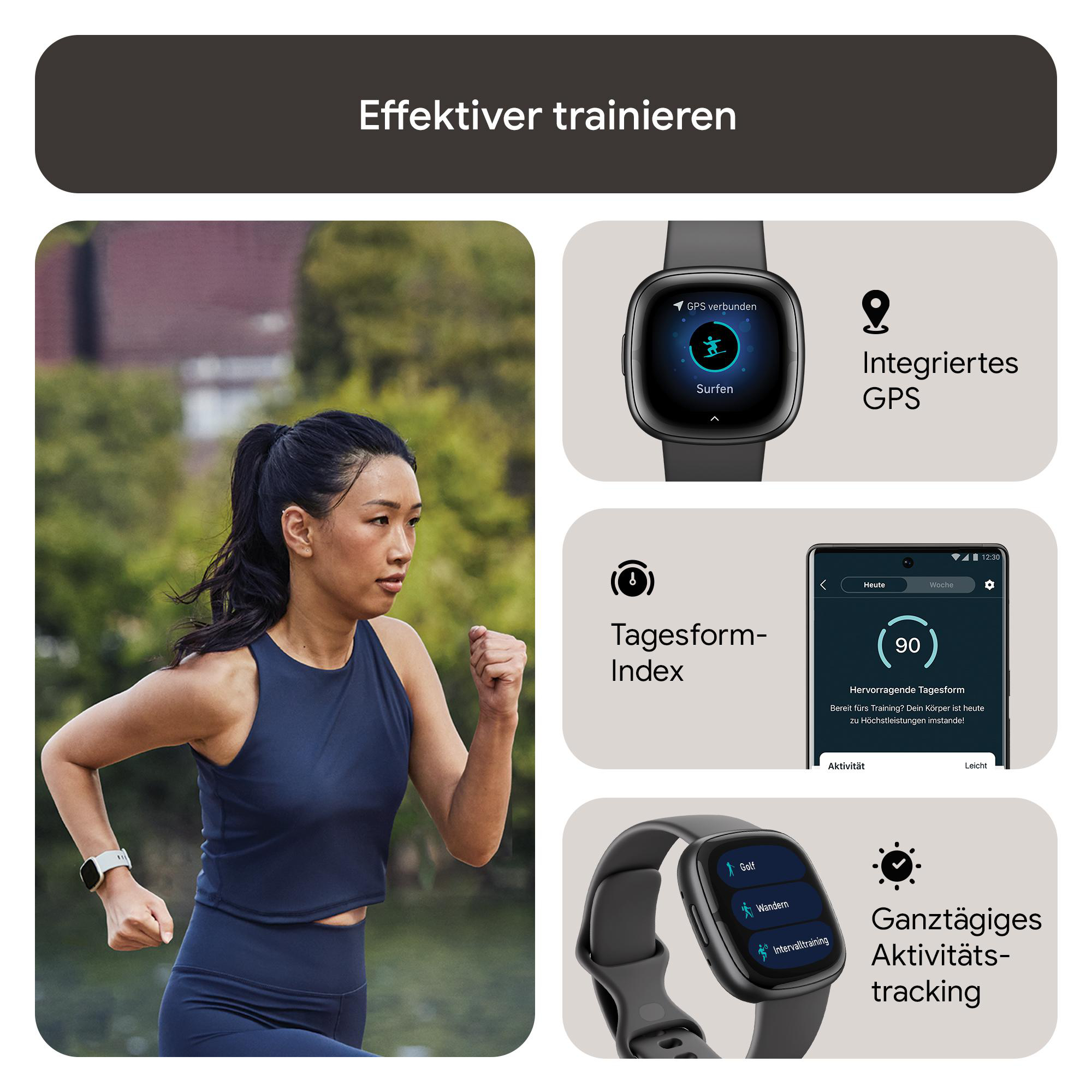Eine Frau, die mit einer Smartwatch läuft, Diagramme und Uhrenfunktionen werden angezeigt.